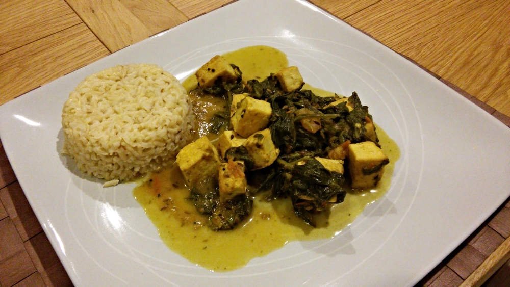 Link to recipe for mock Palak Paneer with Jeera rice