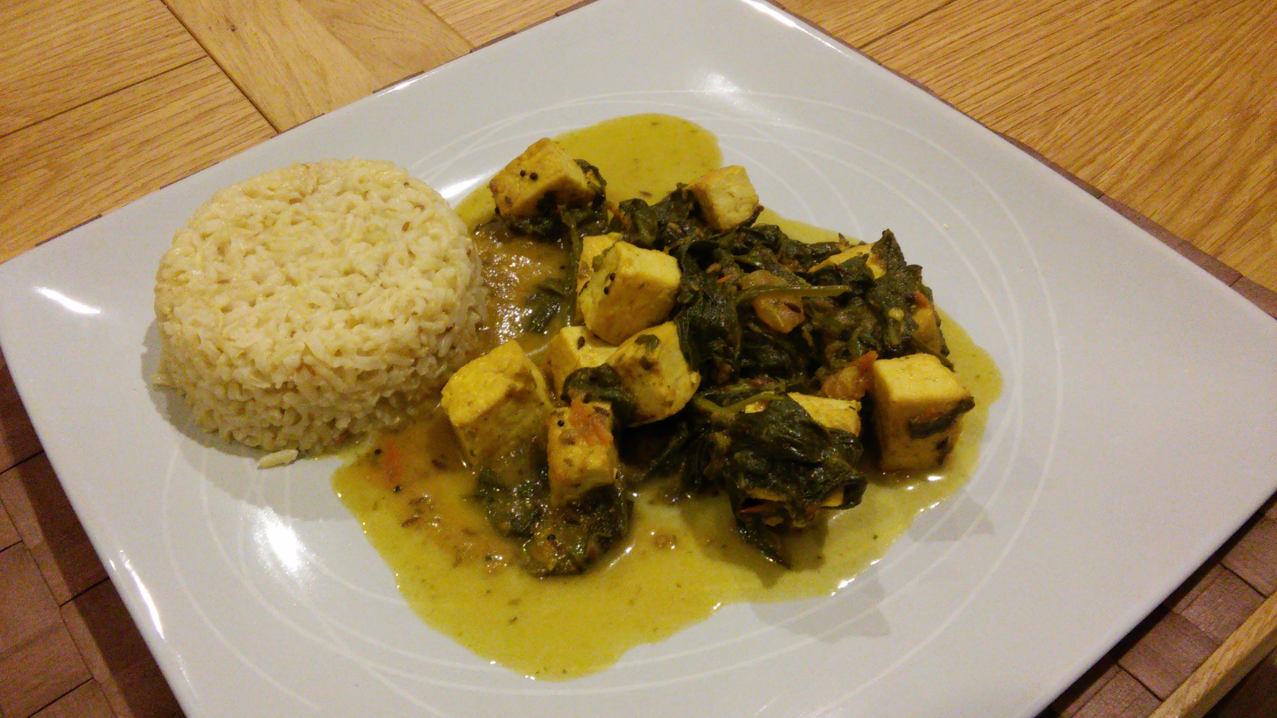 plant-based palak paneer with brown rice