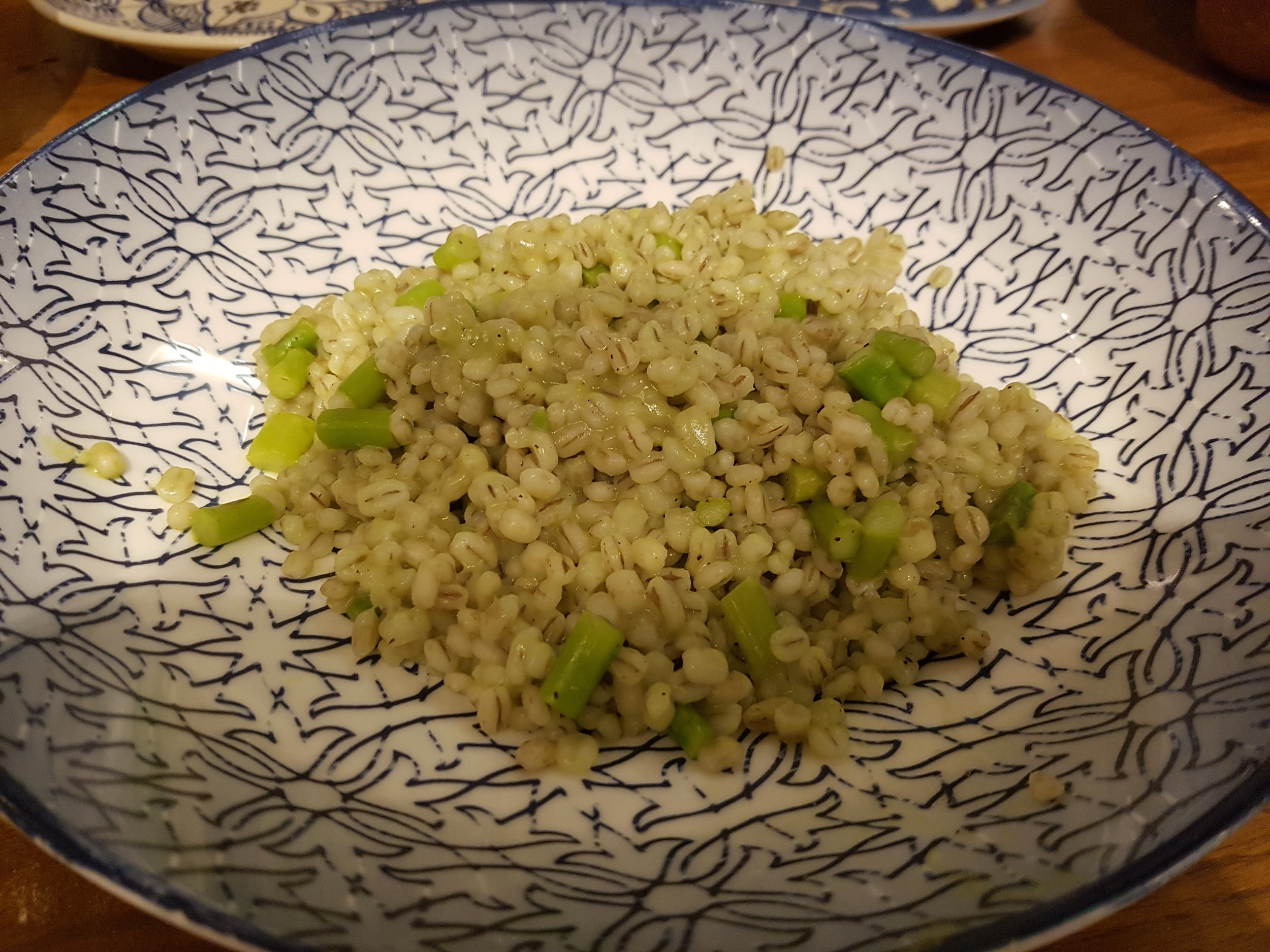 Stewed barley, asparagus and Kashmiri morels 