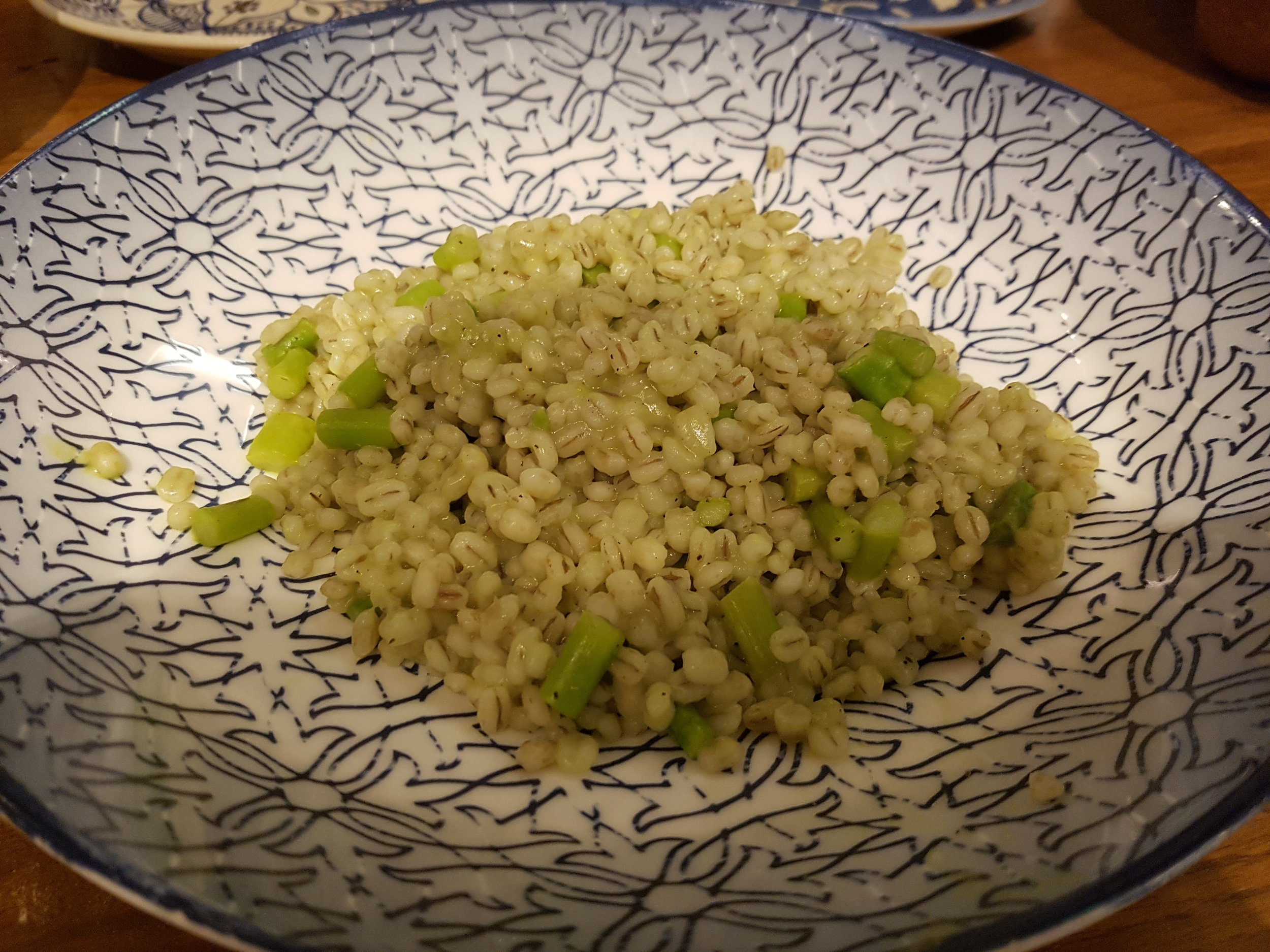 Stewed barley, asparagus and Kashmiri morels