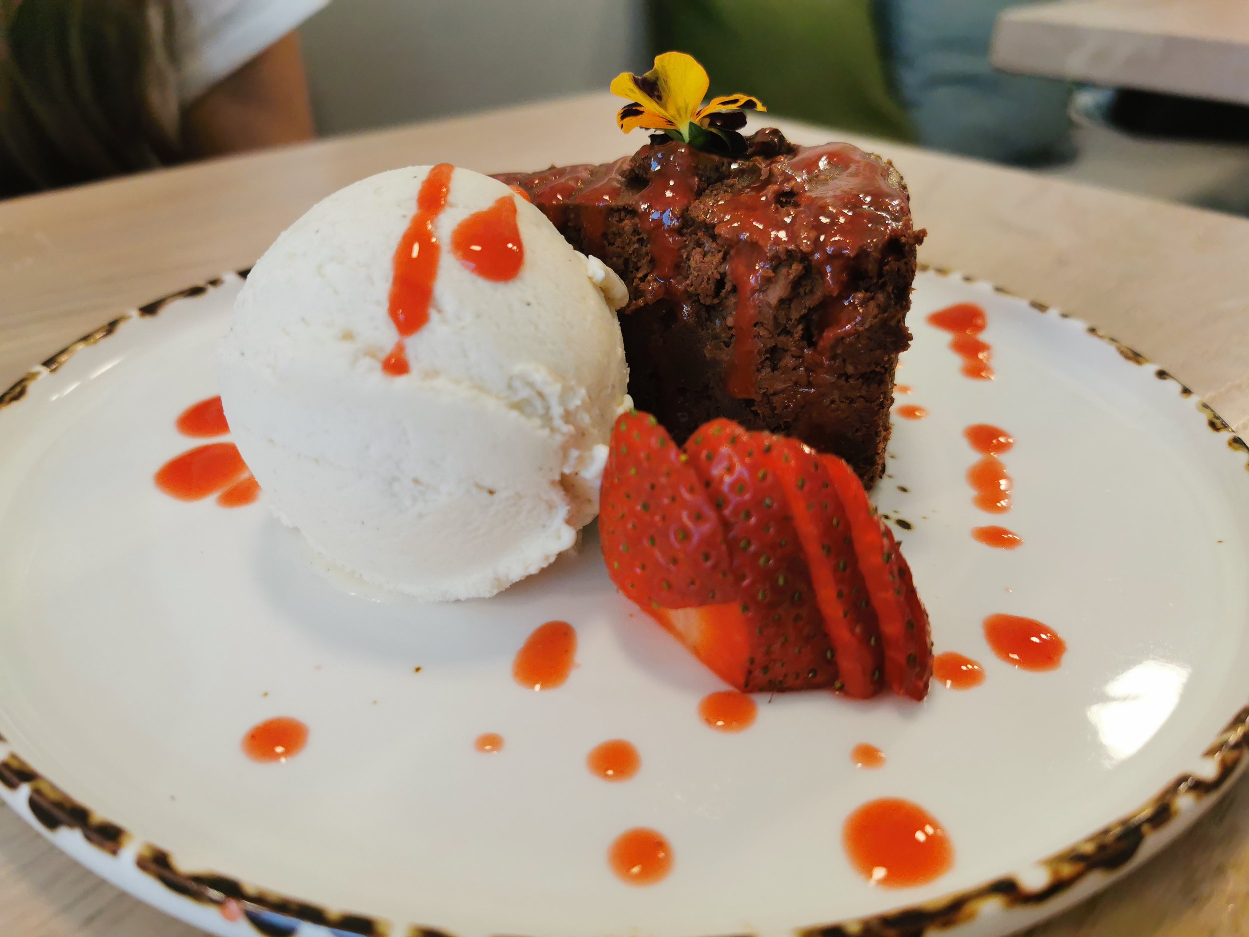 Stem + Glory: Chocolate Almond cake with strawberry coulis 