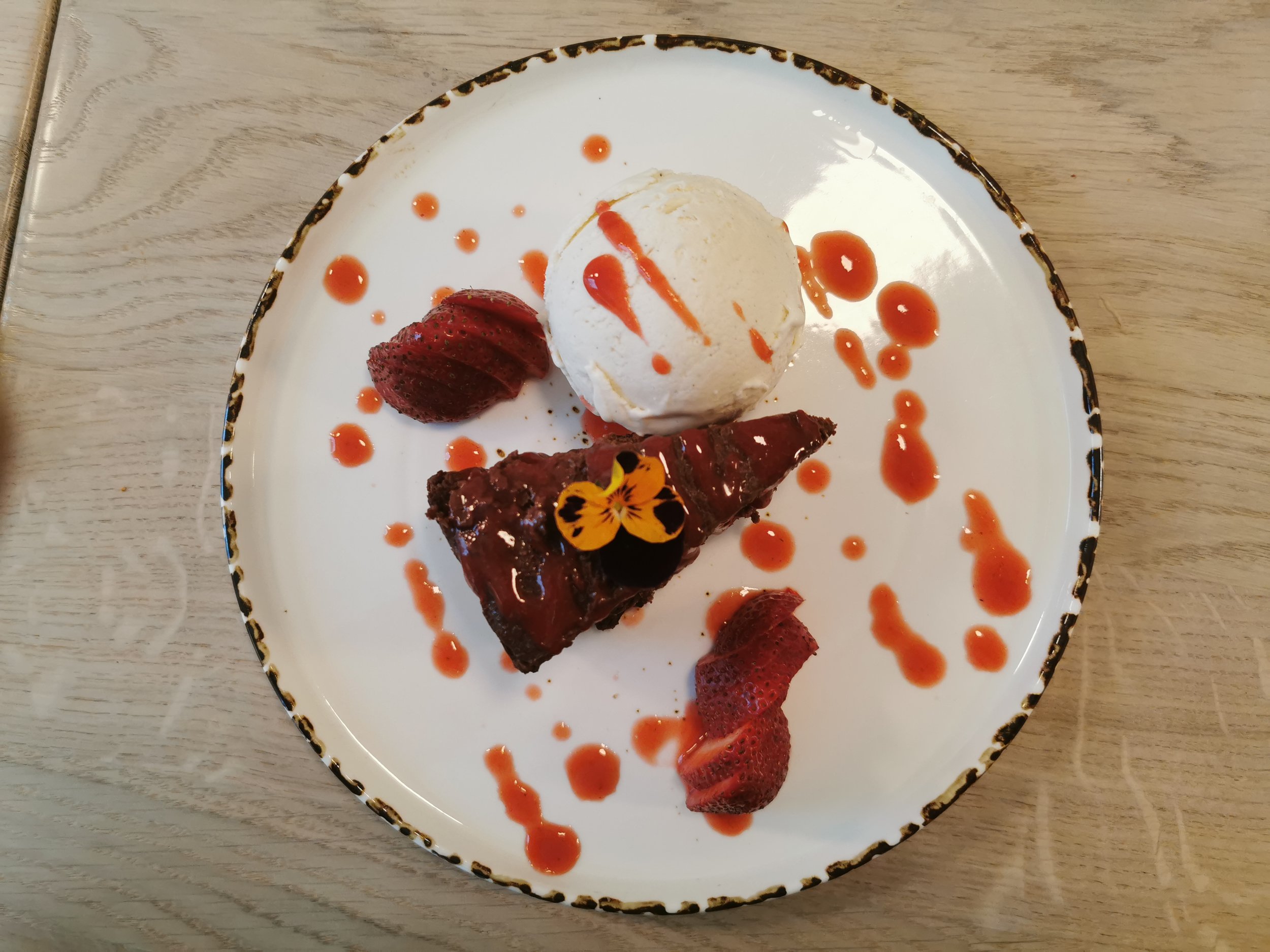 Stem + Glory: Chocolate Almond cake with strawberry coulis 