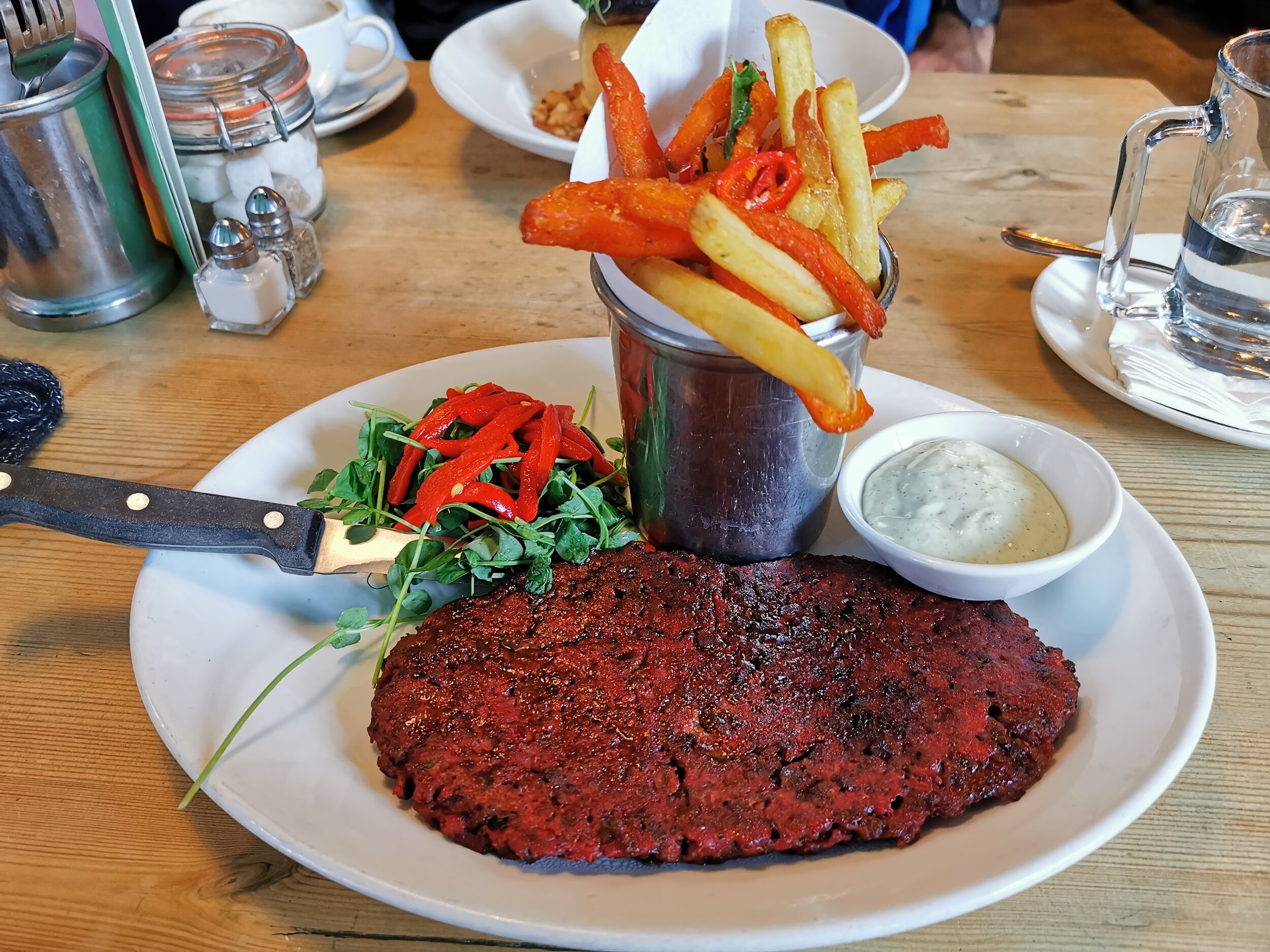 Bill’s Beetroot Steak served with a portion of fiery tiger fries, béarnaise vegan mayo &amp; pea shoots 