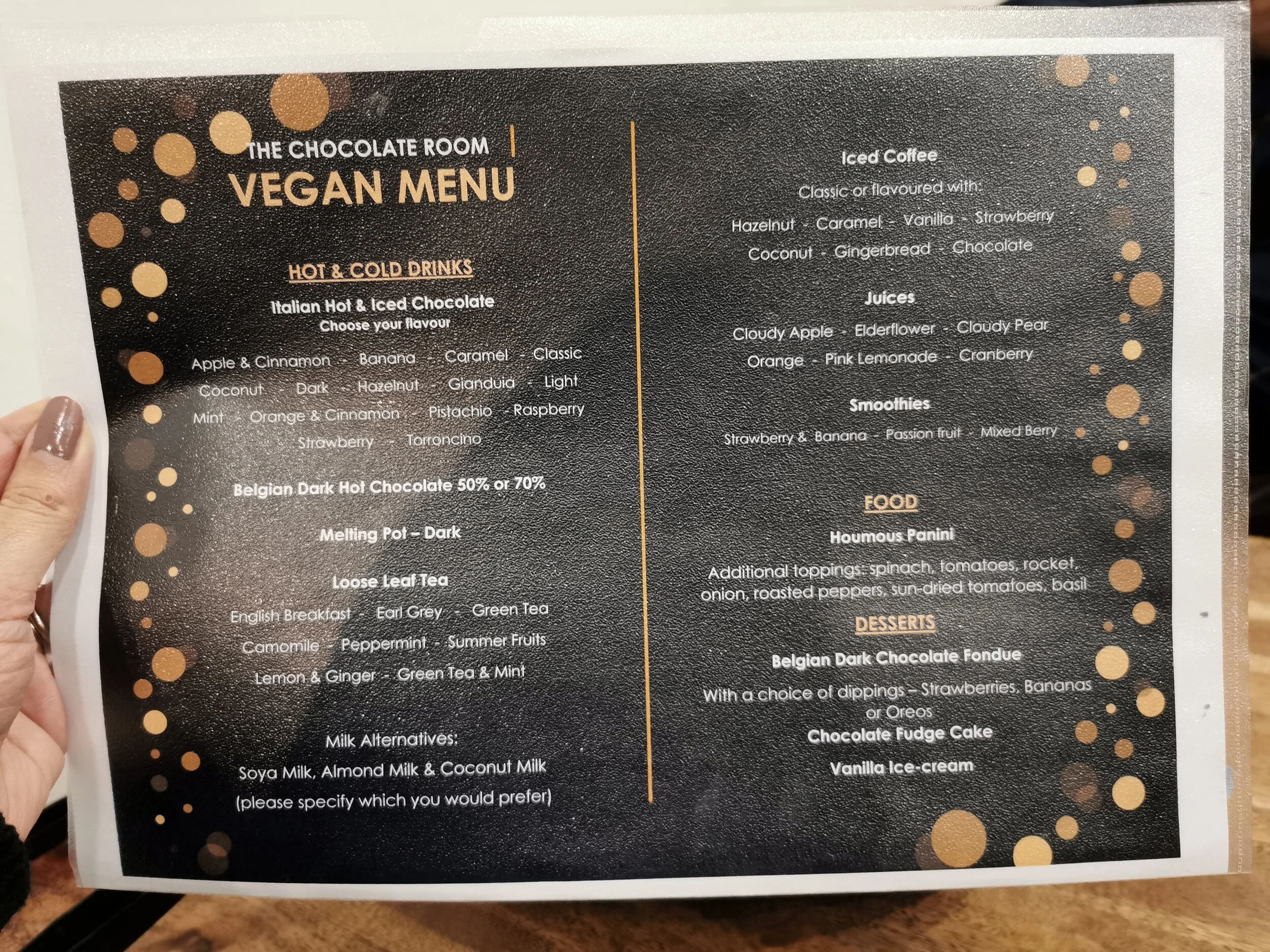 Vegan menu at The Chocolate Room