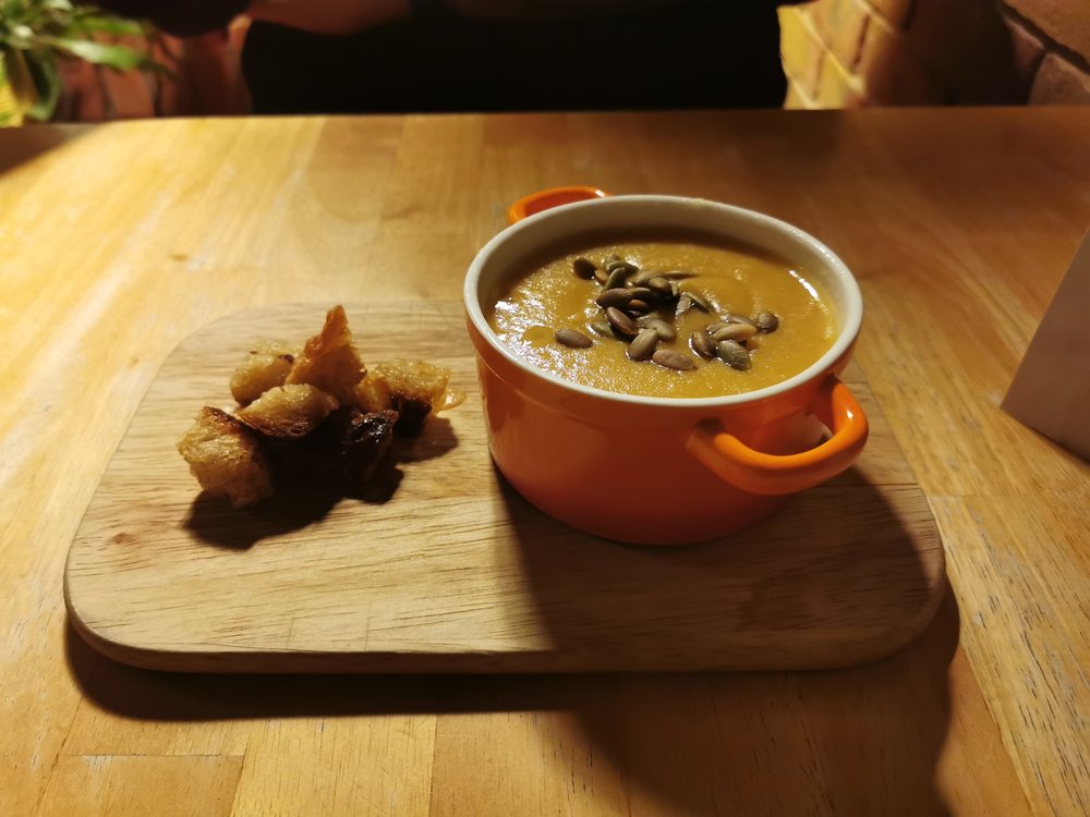 Spiced Celeriac Soup with Toasted Pumpkin Seeds and Buttered Croutons 