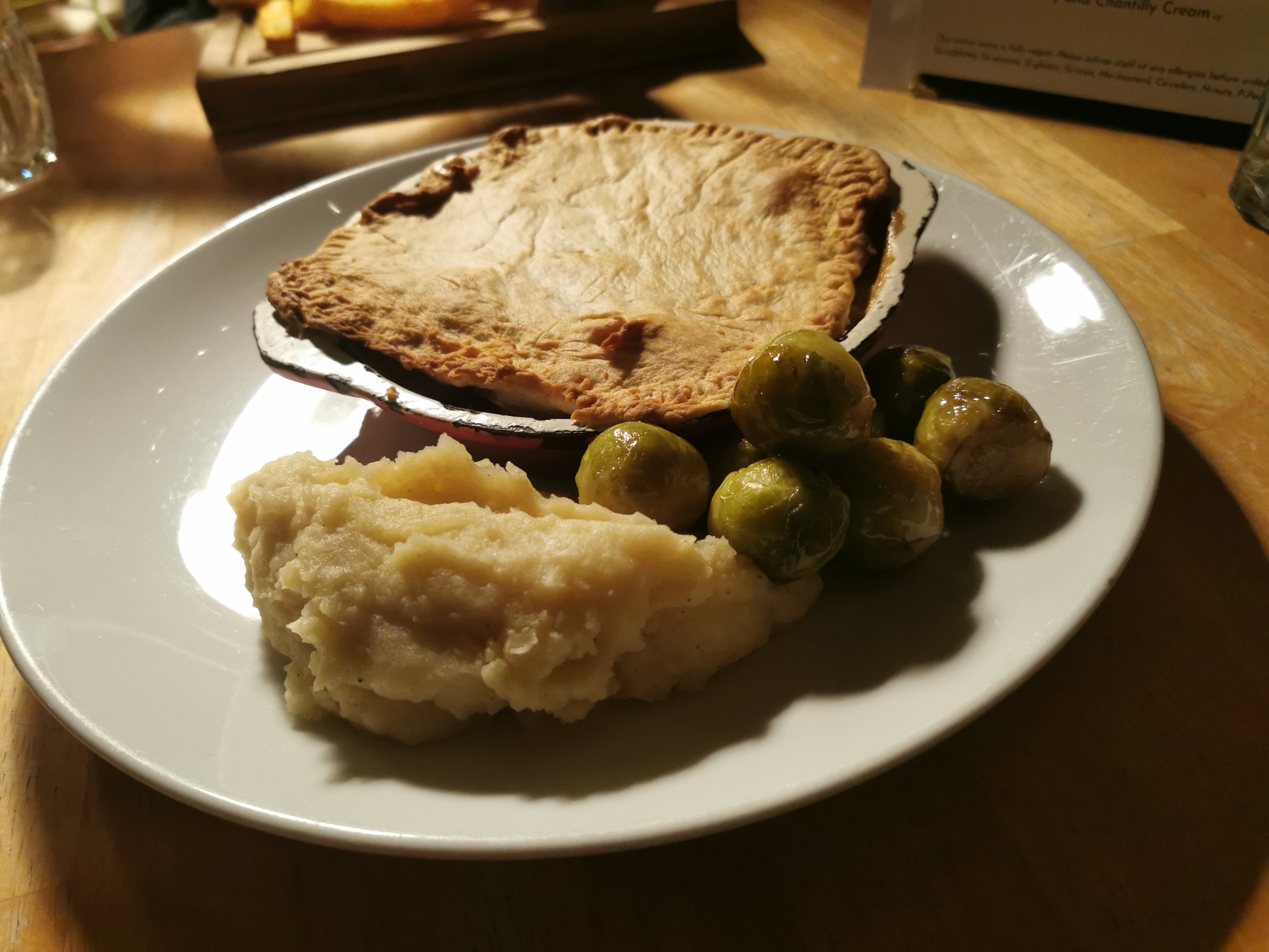 Creamy Mushroom Leak and Potato Pie with Celeriac Mash and Brussels Sprouts 
