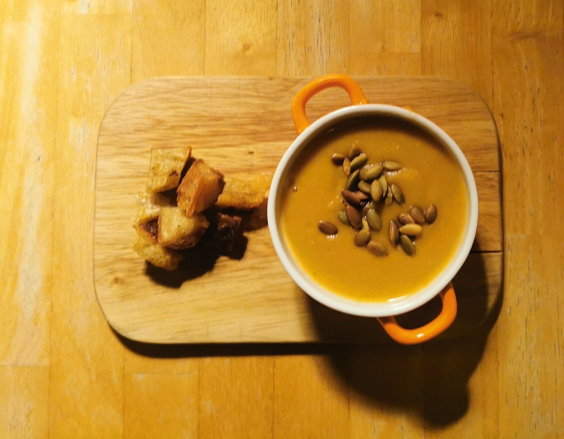 Spiced Celeriac Soup with Toasted Pumpkin Seeds and Buttered Croutons 