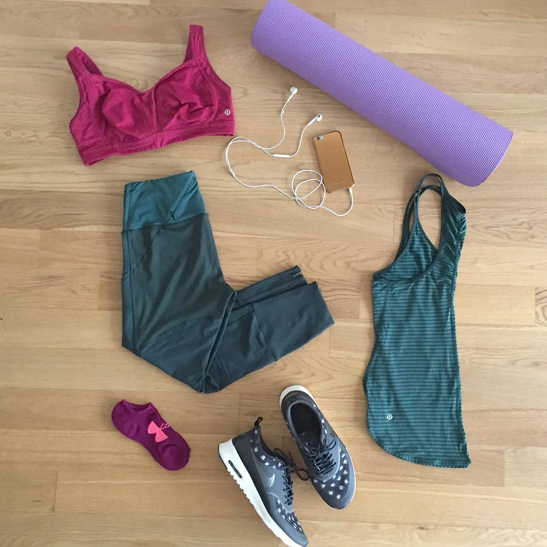 PANTS - Lululemon Pants YOGA MAT - Gaiam Yoga Mat TANK - Lululemon Tank PHONE - iPhone w/ Nike +Running App SHOES - Nike Air Max Thea SOCKS - Under Armour Socks SPORTS BRA - Lululemon Sports Bra