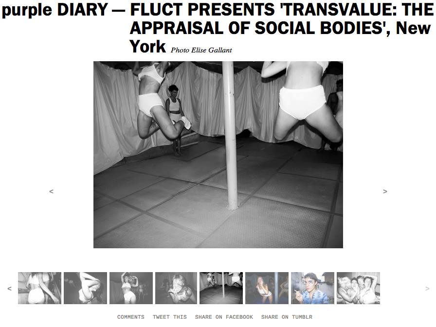 Transvalue, the Appraisal of Social Bodies is a new work by the dance project FlucT debuting at Fitness Center for Arts & Tactics July 20-21st. Transvalue is a critical exercise to expose and exorcise the effects of capitalist values on our bodies, minds, and, specifically, our ability to commune. FlucT's methods are i nformed by mixed media strategies, including choreography, photography, installation, and immersive performance. At Transvalue, the audience is to be led through five rooms, each focused on a medium, where they will be further engaged by a mix of synchronized choreography and informed improvisation. Transvalue features over 14 moving artists and 7 original sound arts/mixes that become revealed as a narrative while walking through. Participating Performers: Alex Crotta, Ana Lieberman, Billy Fortini, Bradford Kessler, Ciara Clements, Genevieve Belleveau, James Thomas Marsh, Kei Kreutler, Monica Mirabile, Sara Blazej, and Sigrid Lauren. Original sound art and mixes from: Schwarz, Dan Deacon, Spirit Guide, Logan Takahashi (Teengirl Fantasy), David Wightman (Extreme Animals), gorgeousTaps & Sigrid Lauren.
