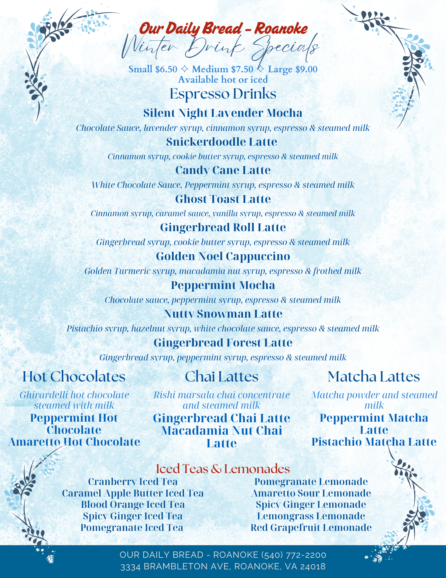 Beverage Menu — Our Daily Bread Bakery & Bistro