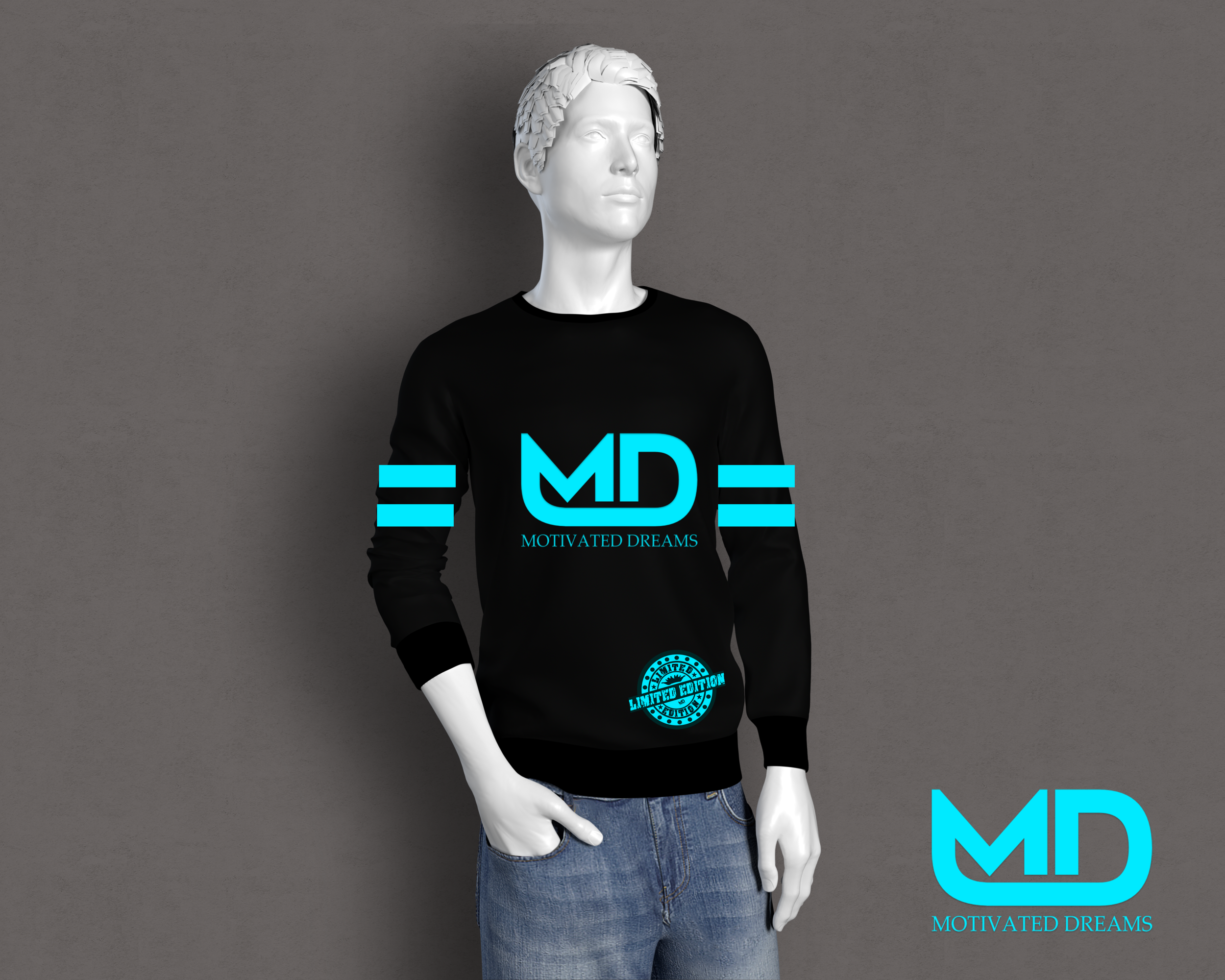 MD MANQUIN BLACK CREWNECK AQUA BLUE LOGO WHITE MODEL .png