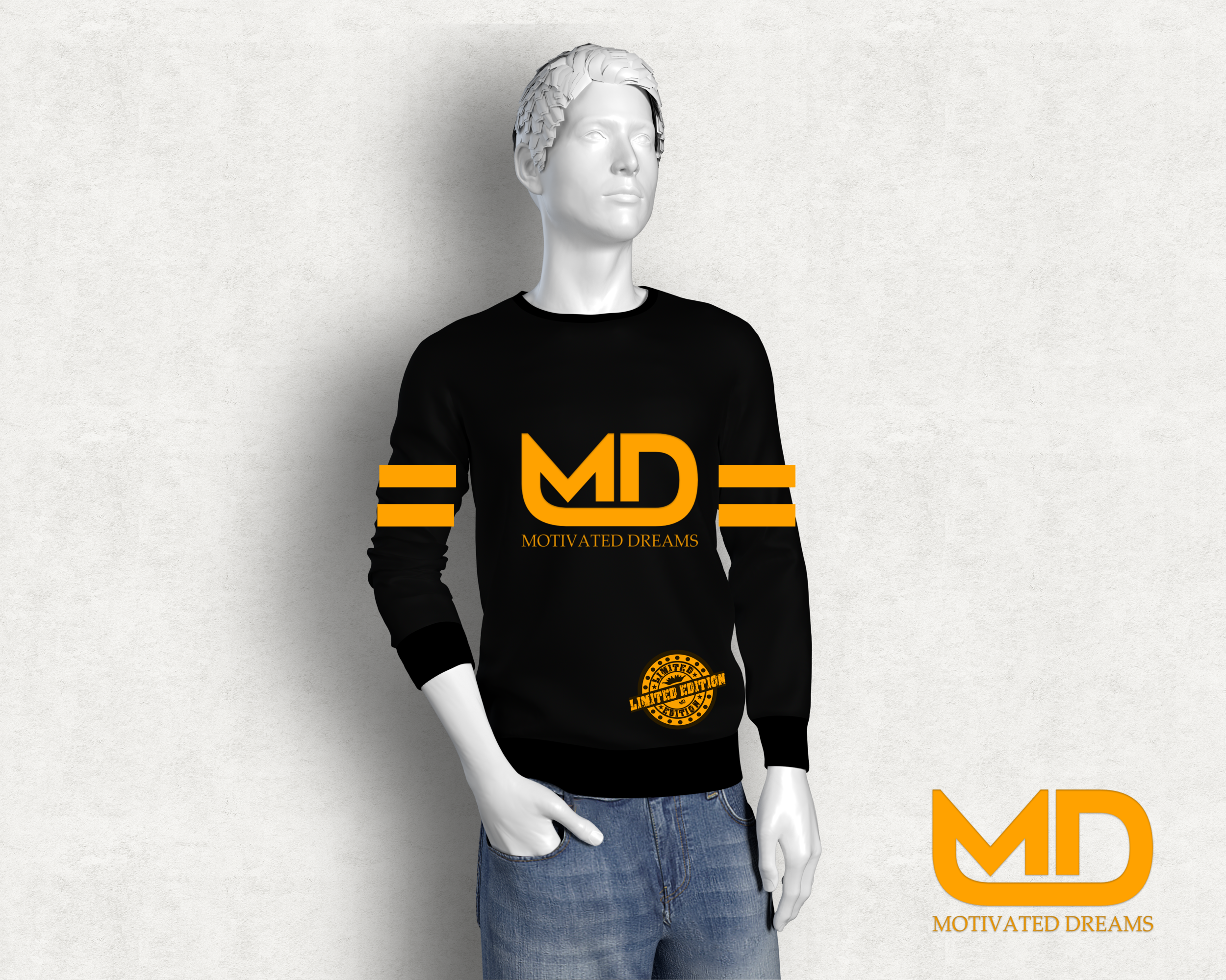 MD MANQUIN BLACK CREWNECK GOLD LOGO WHITE MODEL .png