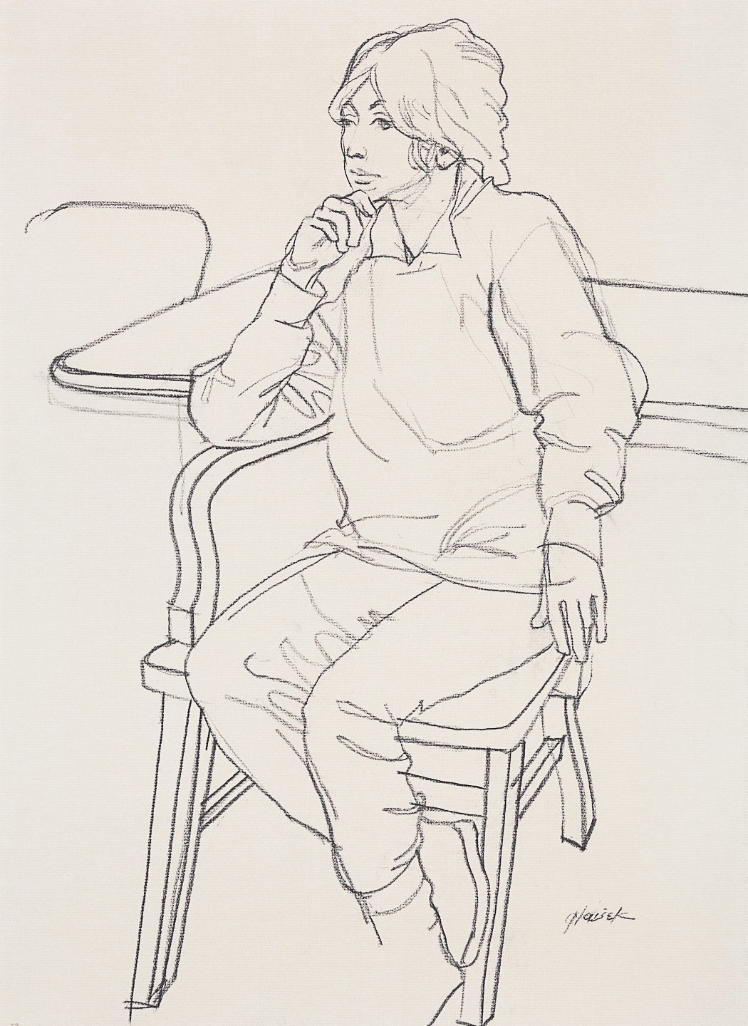 54 Woman Seated at Table with Hand to Chin (Contour)