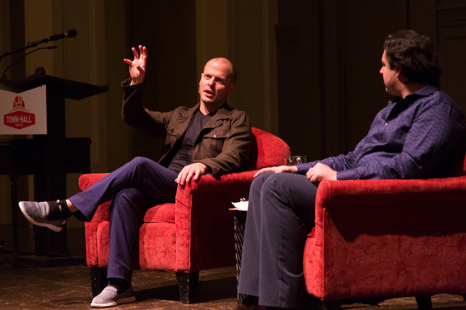 Tim Ferriss interviewed by "Modernist Cuisine" co-author and chef Chris Young at Seattle's Town Hall on Friday, January 27th, 2017. Photo by Jeffrey Luke