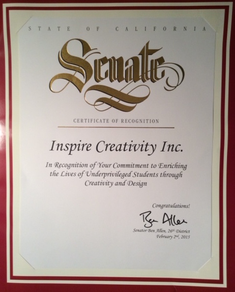 Certificate of Recognition from California State Senator Ben Allen