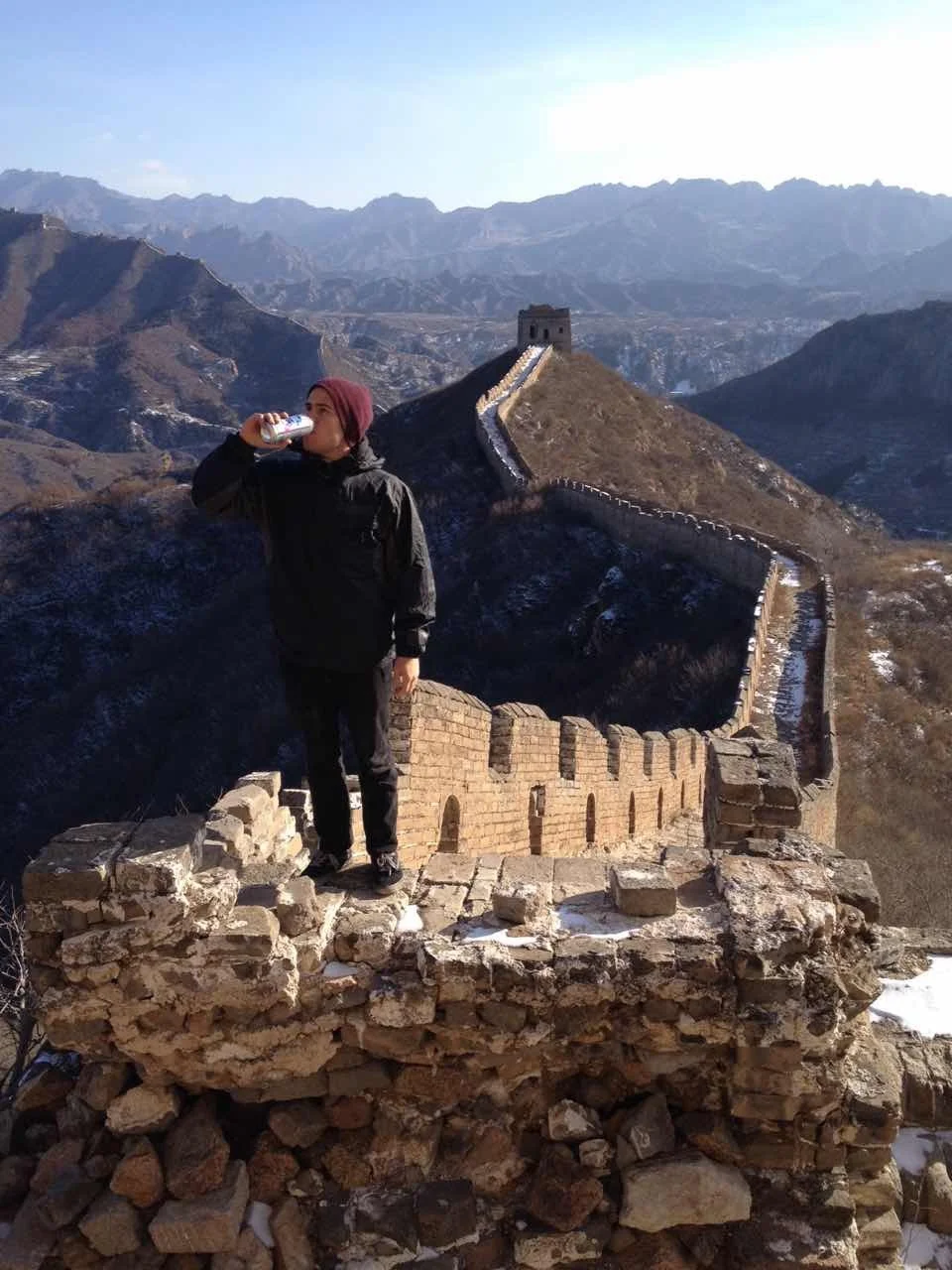 Drinking a PBR on the Great Wall after lunch. iPhone photo by Russ.