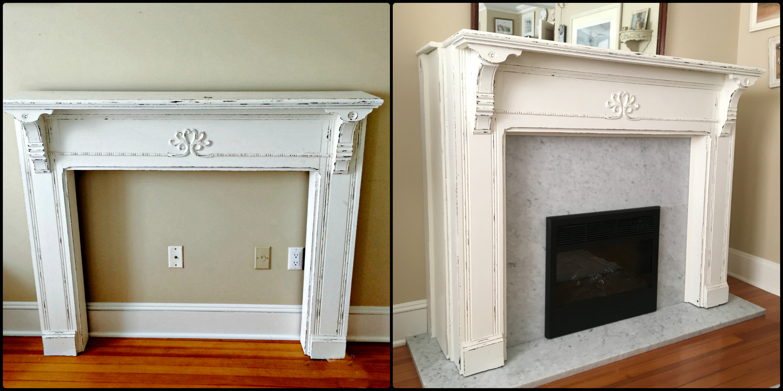  Refurbished antique mantel mounted onto marble fireplace.