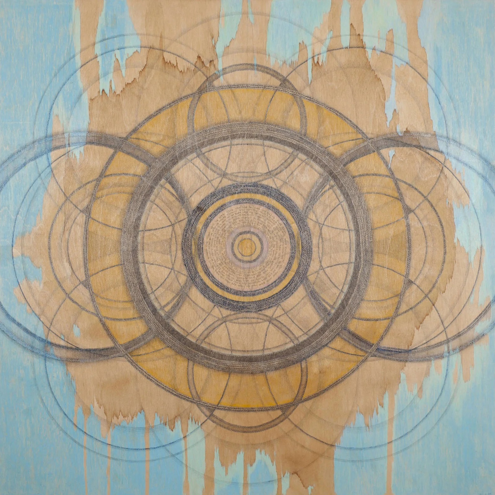oil pastel, pen, color pencil, coffee on wood W36"xH36"xD1.5" 2011
