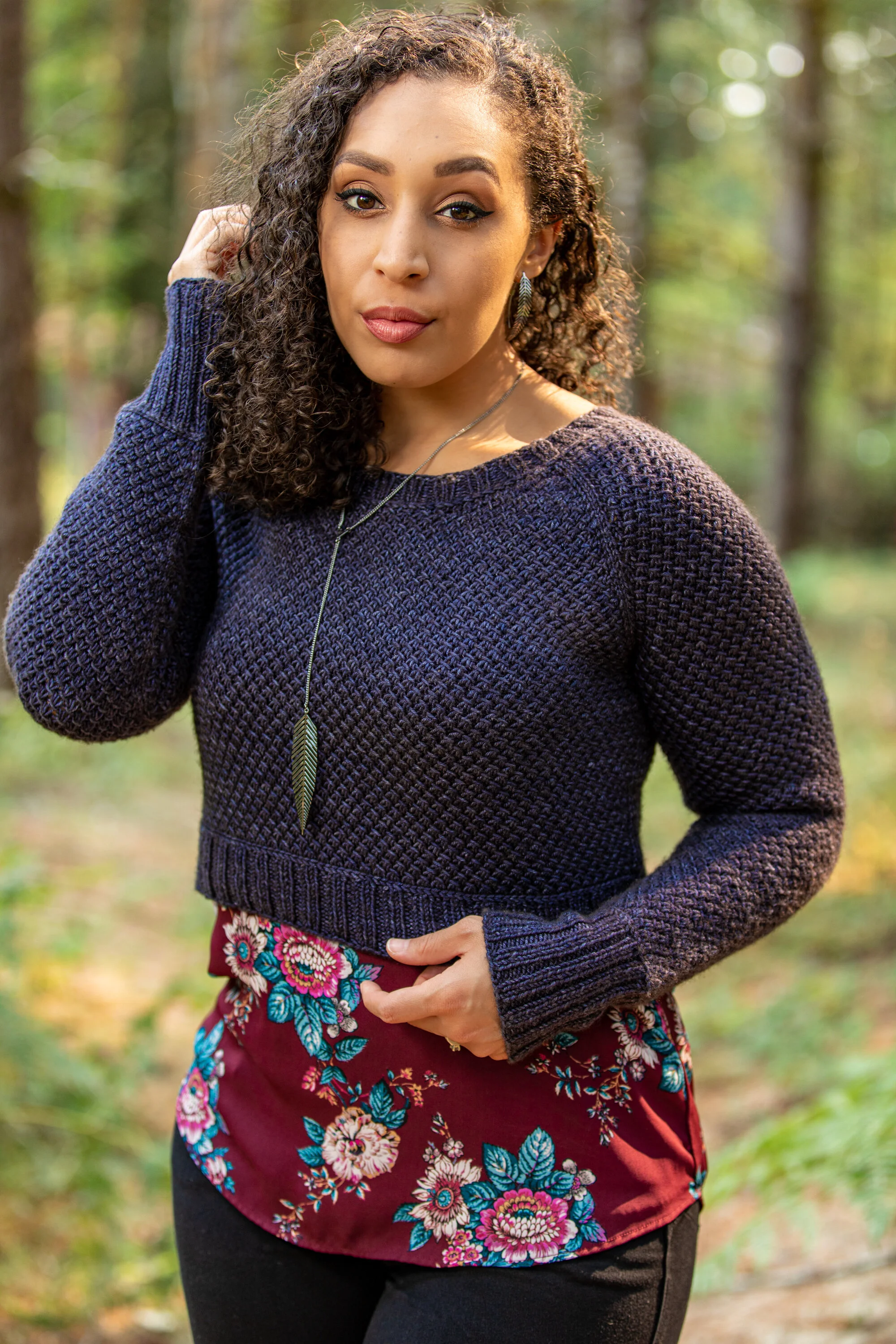Waist shaping & tapered sleeves make all the difference in this top-down pullover knit pattern designed for curvy women with a flattering wide neckline and well-fitting shapely, non-boxy cropped body.