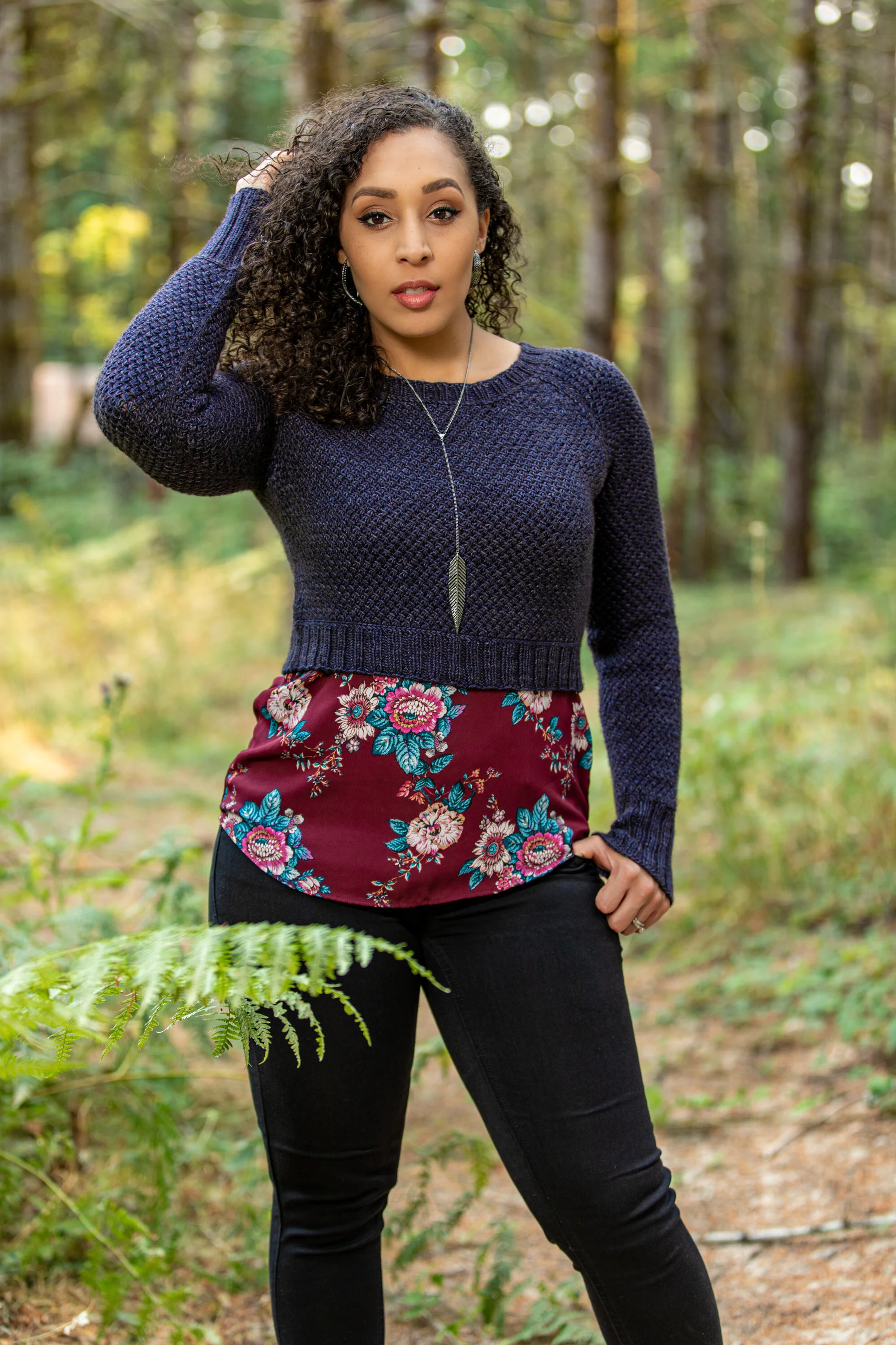 PNW knitwear designer Vanessa Smith (NessaRenee on Ravelry) wears the cropped Nydia sweater, showing its tailored fit. Properly graded to fit real women's bodies with waist shaping & compound raglans.
