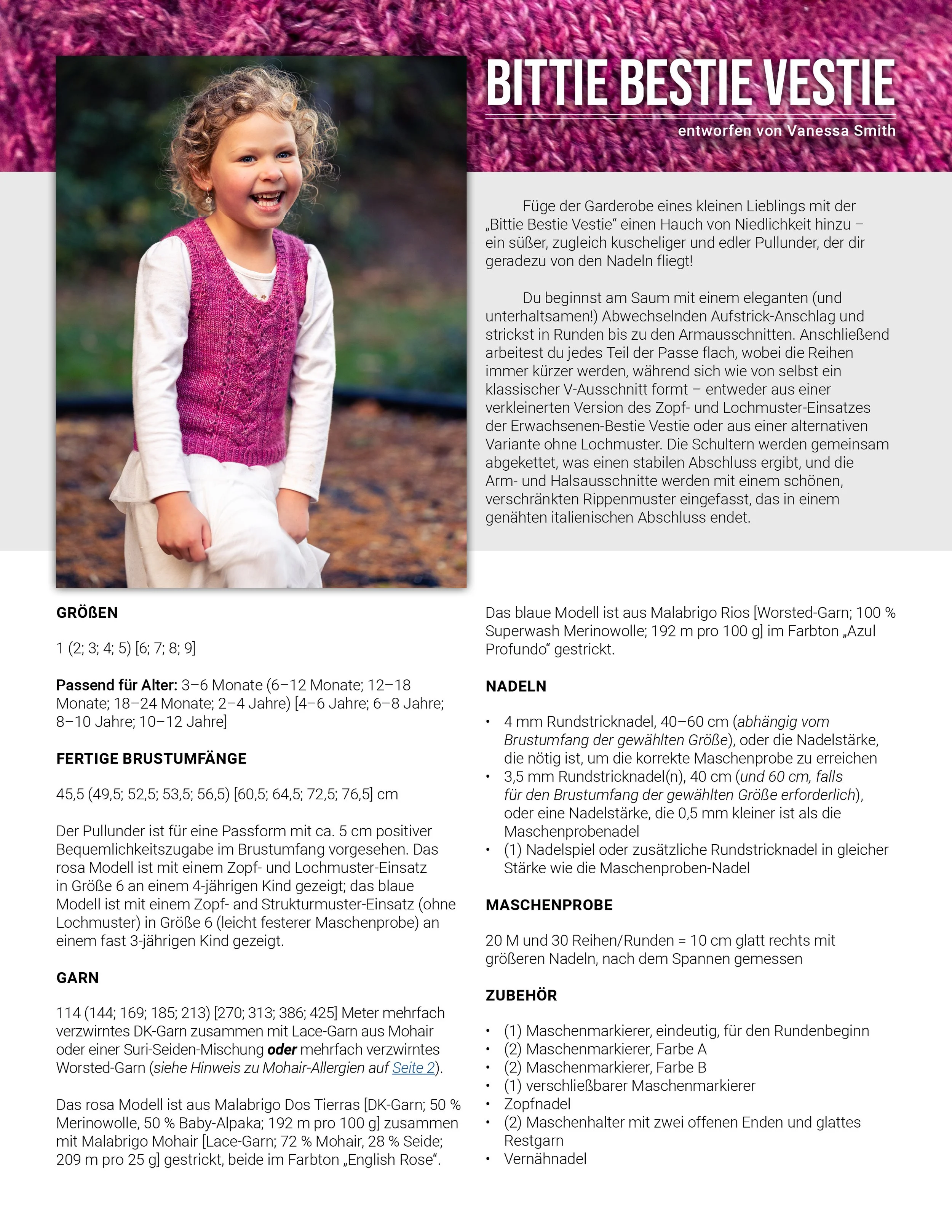 Titelseite der Bittie Bestie Vestie Strickanleitung von Vanessa Smith Designs mit Brustumfang, Garnbedarf, empfohlenen Nadeln, Maschenprobe und benötigtem Zubehör.
