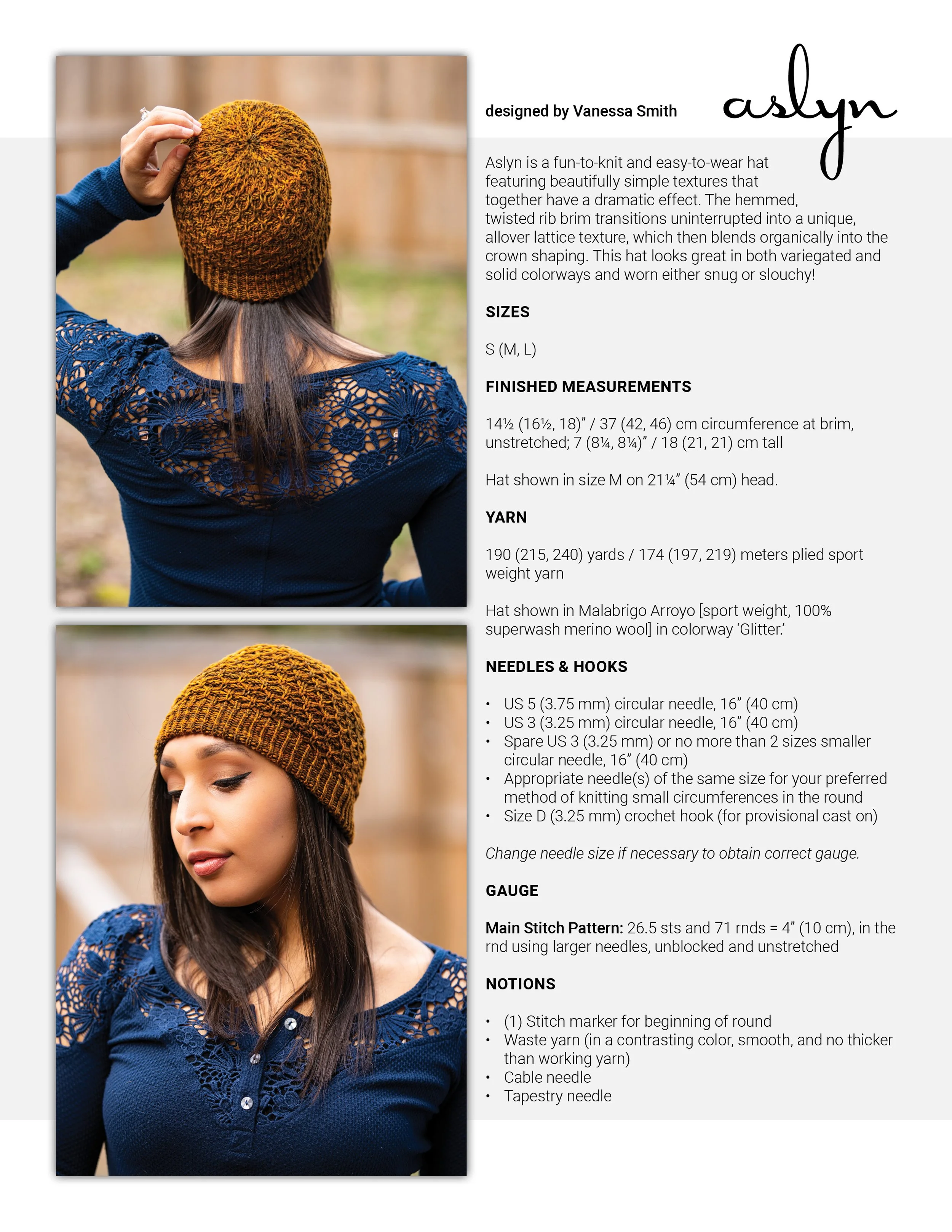 Cover page for the Aslyn hat, an instant PDF download knitting pattern by Vanessa Smith Designs, with finished measurements, yarn requirements, suggested needles, gauge information & notions needed.