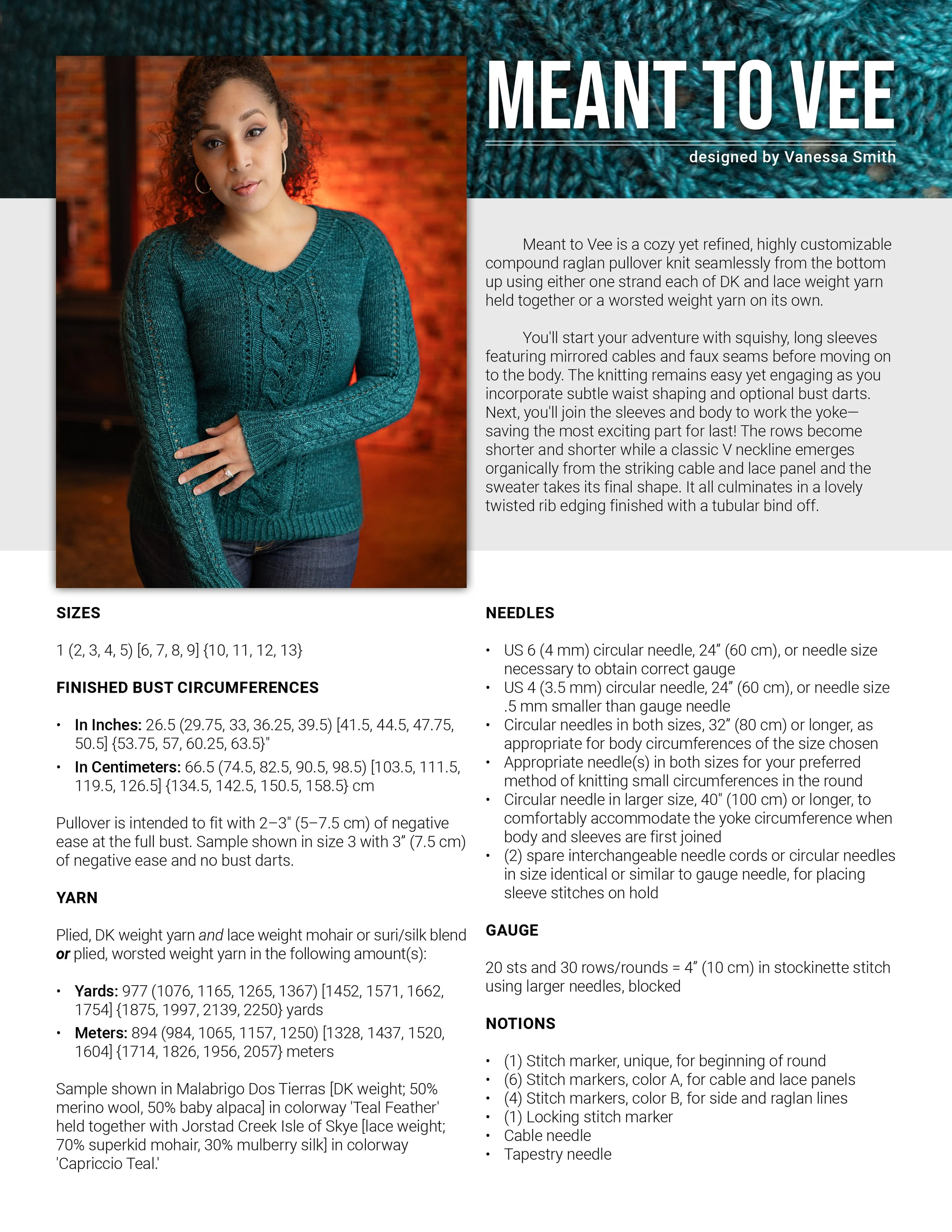 Cover page for the Meant to Vee knit sweater PDF pattern by Vanessa Smith Designs, listing finished bust circumferences, yarn requirements, suggested needles, gauge information, and necessary notions.