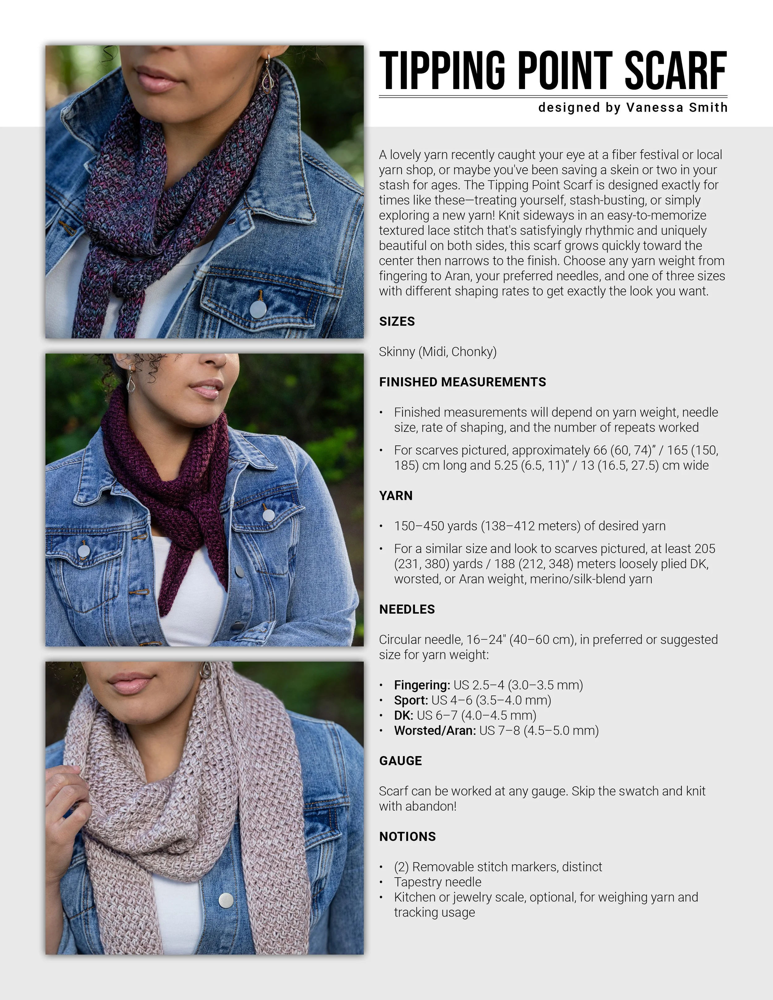 Cover page for the instantly downloadable Tipping Point Scarf PDF knitting pattern by Vanessa Smith Designs, listing finished sample measurements; suggested yarn amount and needle sizes; and notions.