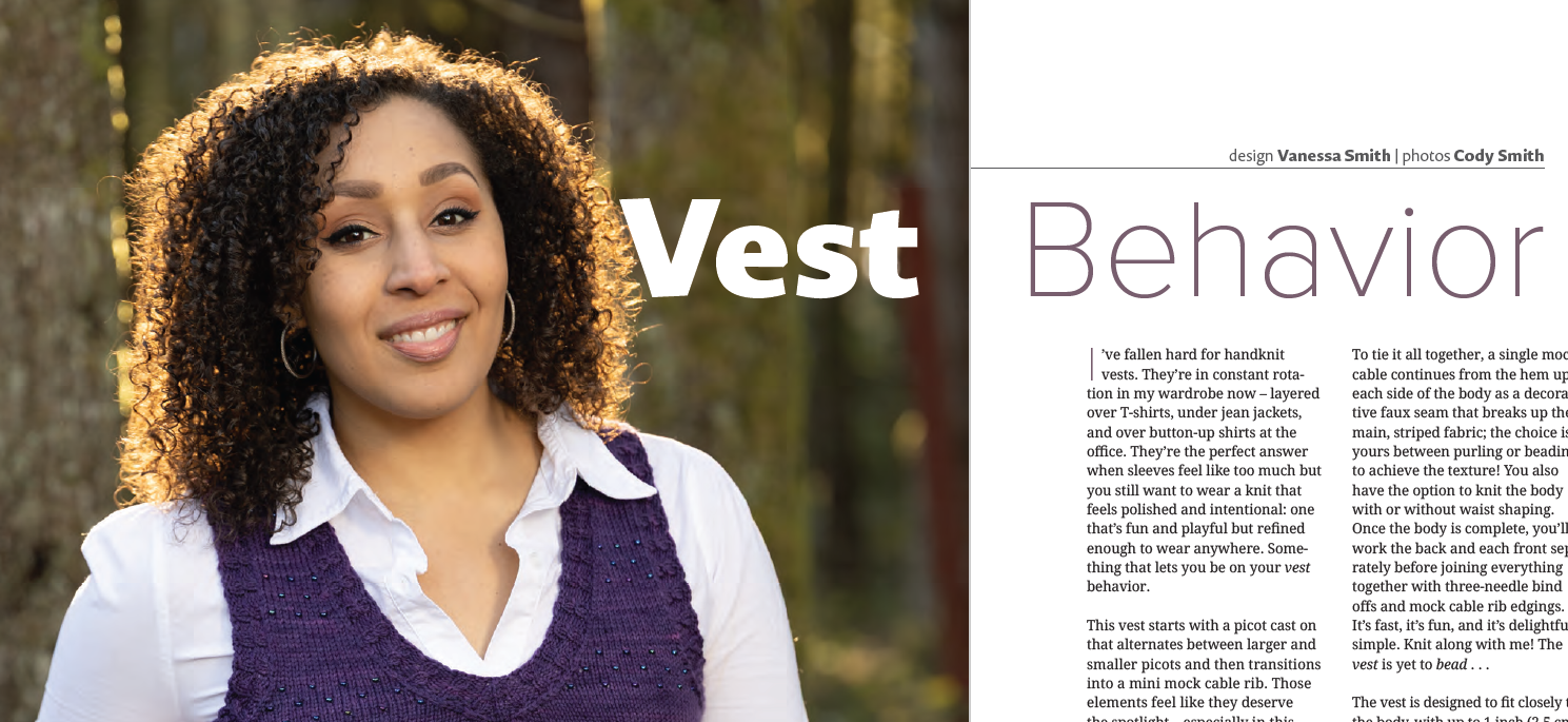 Excerpt from the Vest Behavior pattern spread in the first issue of PURL Magazine. Knit designer Vanessa Smith models a purple, V-neck slipover featuring beaded stripes & a mini mock cable rib edging.