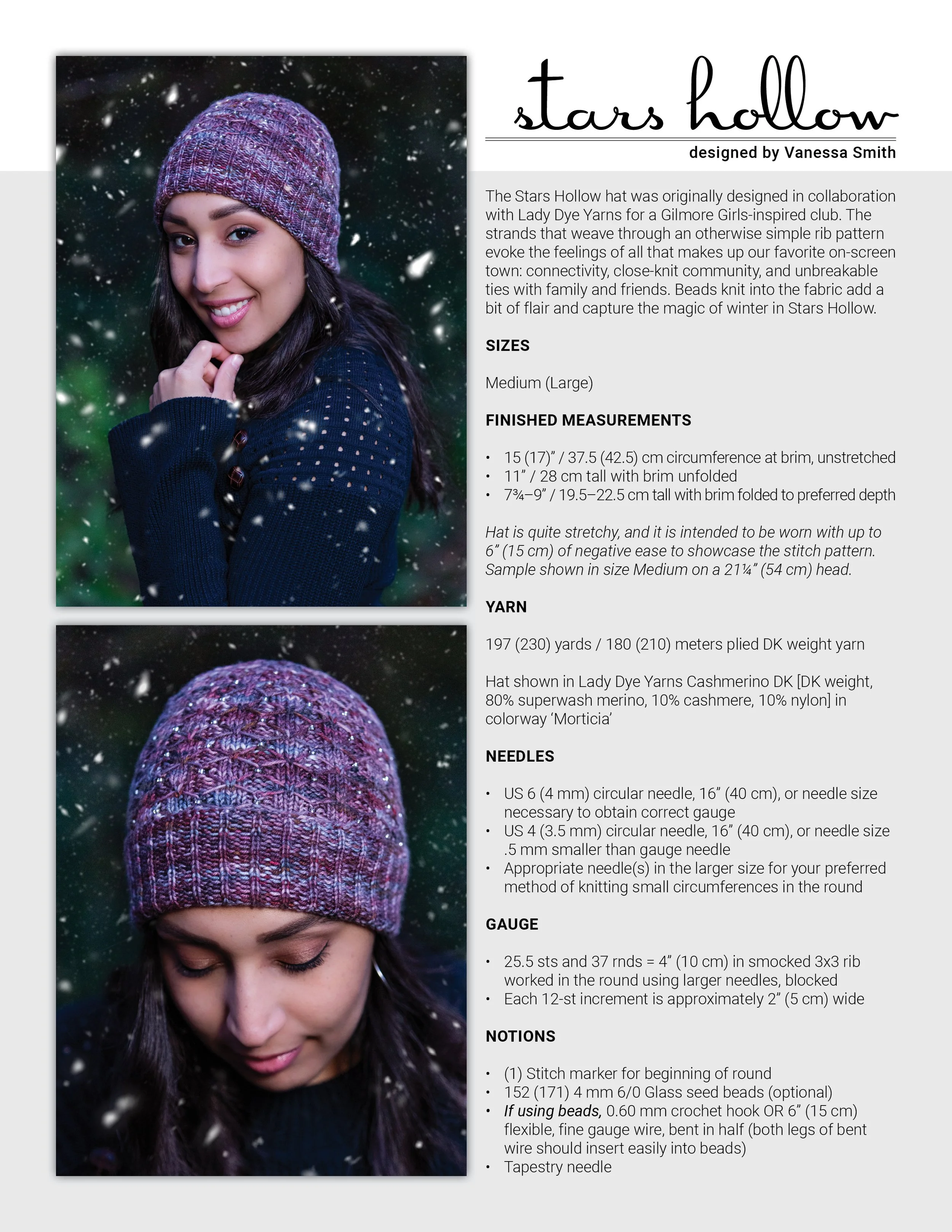 Cover page for the Stars Hollow Hat digital (PDF) knitting pattern by Vanessa Smith Designs, listing finished measurements, yarn requirements, suggested needles, gauge information & necessary notions.