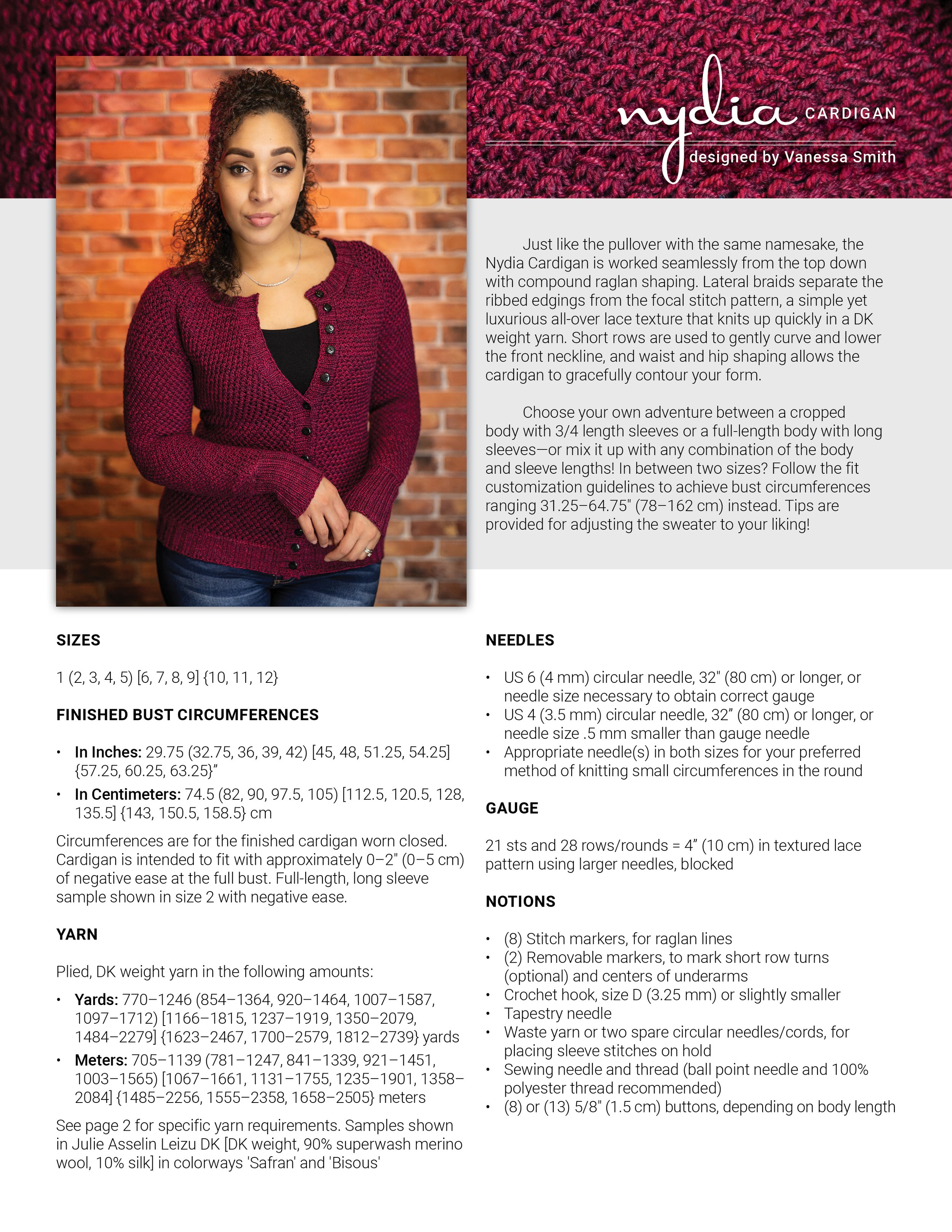 Cover page for the Nydia Cardigan PDF knitting pattern by Vanessa Smith Designs, listing finished bust circumferences, yarn requirements, suggested needles, gauge information, and necessary notions.