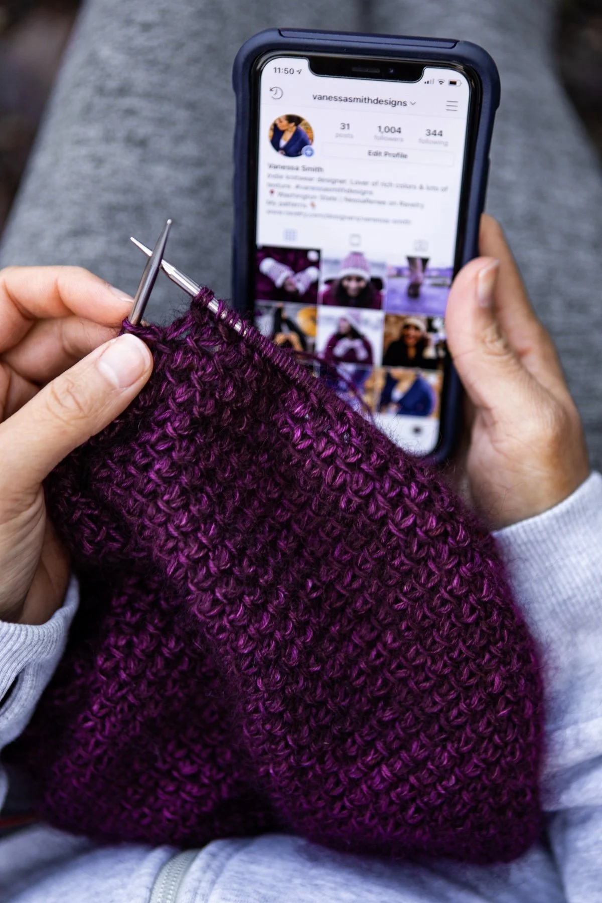 Knitwear designer Vanessa Smith reaches a milestone 1,000 Instagram followers while working on Indira, a textured boomerang knit shawl featuring cables & easy all over lace in two yarns held together.