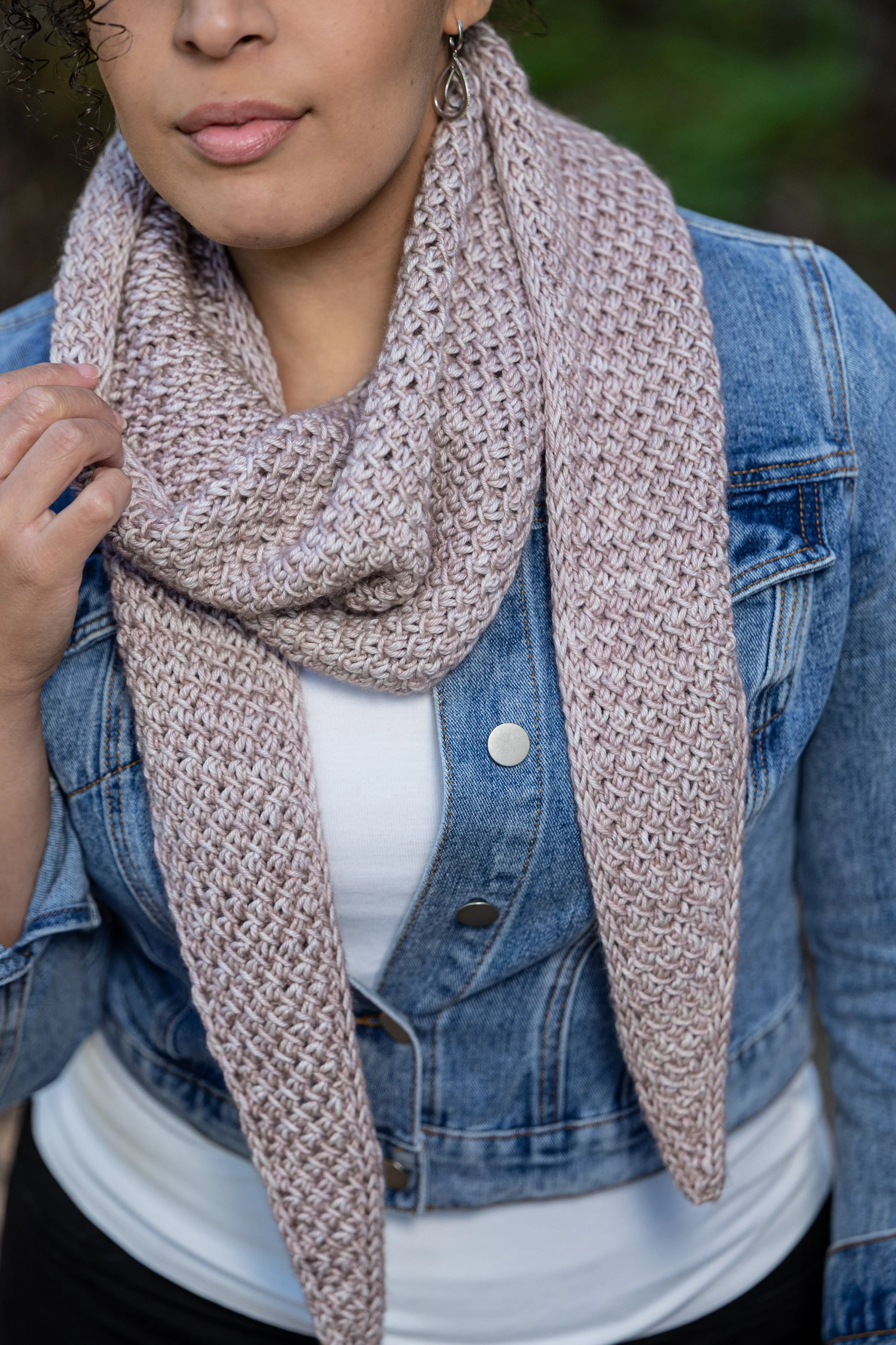 Tipping Point Scarf in a creamy beige, showing the texture and i-cord edge detail in this small, beginner-friendly triangle shawl knitting pattern with a wide wingspan for many wear & styling options.