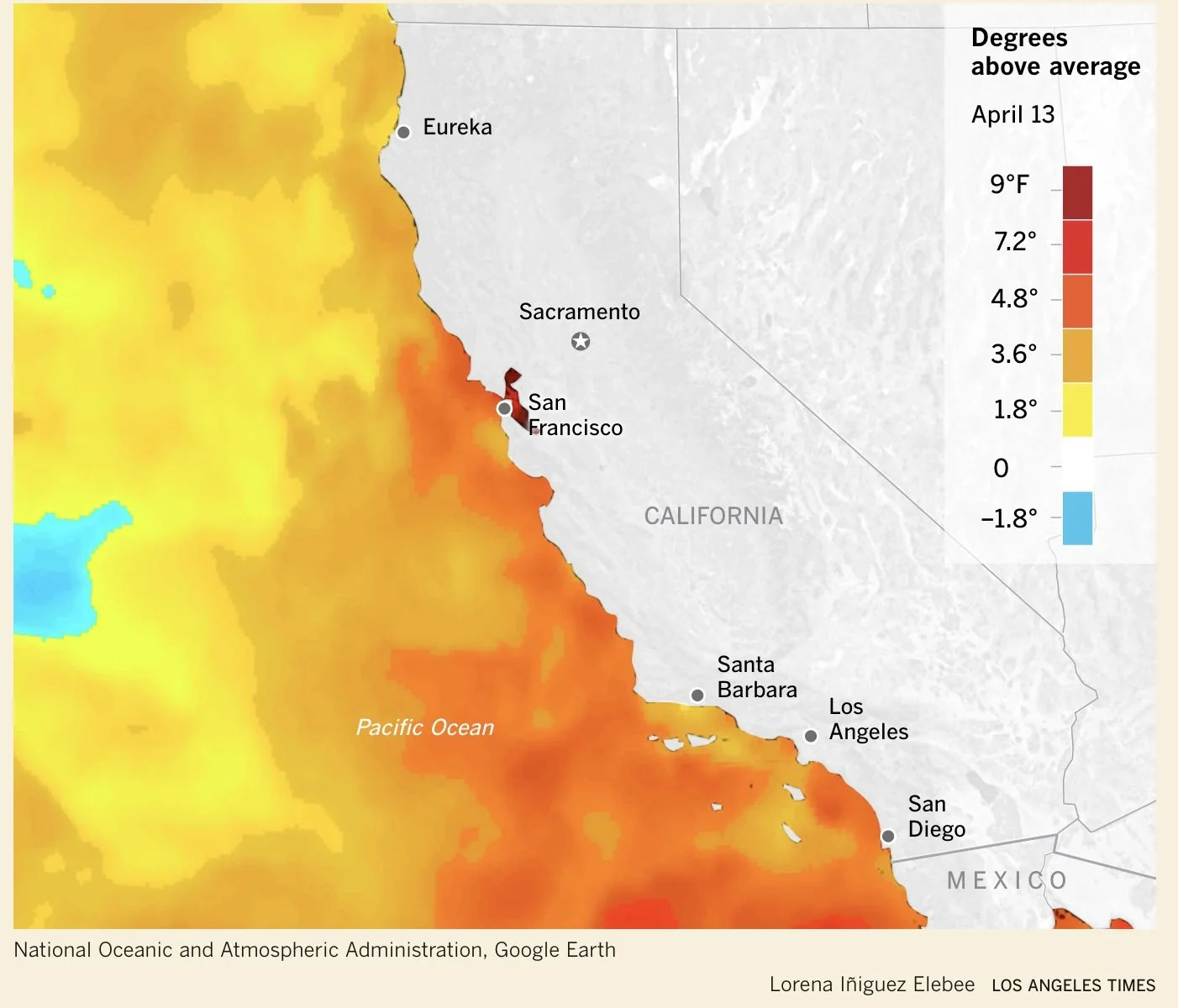 Caption: Unusually warm waters off the Southern California coast first appeared in February 2026. Graphic source: Hayley smith, “The Ocean off California keeps breaking heat records,” Los Angeles Times, 16 Apr 2026.