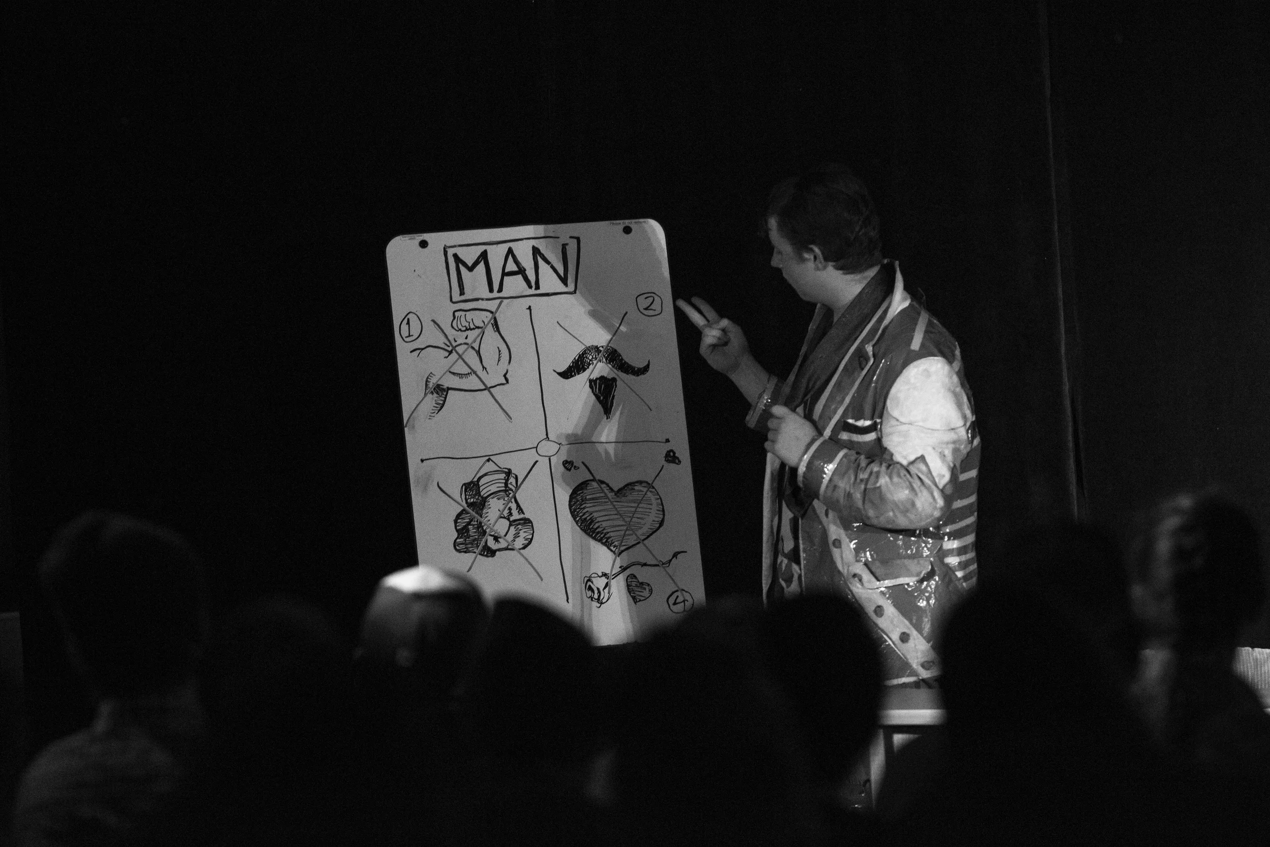 The four tests of stereotypical manhood: strength, moustache growing, fighting and the innate ability to be romantic.