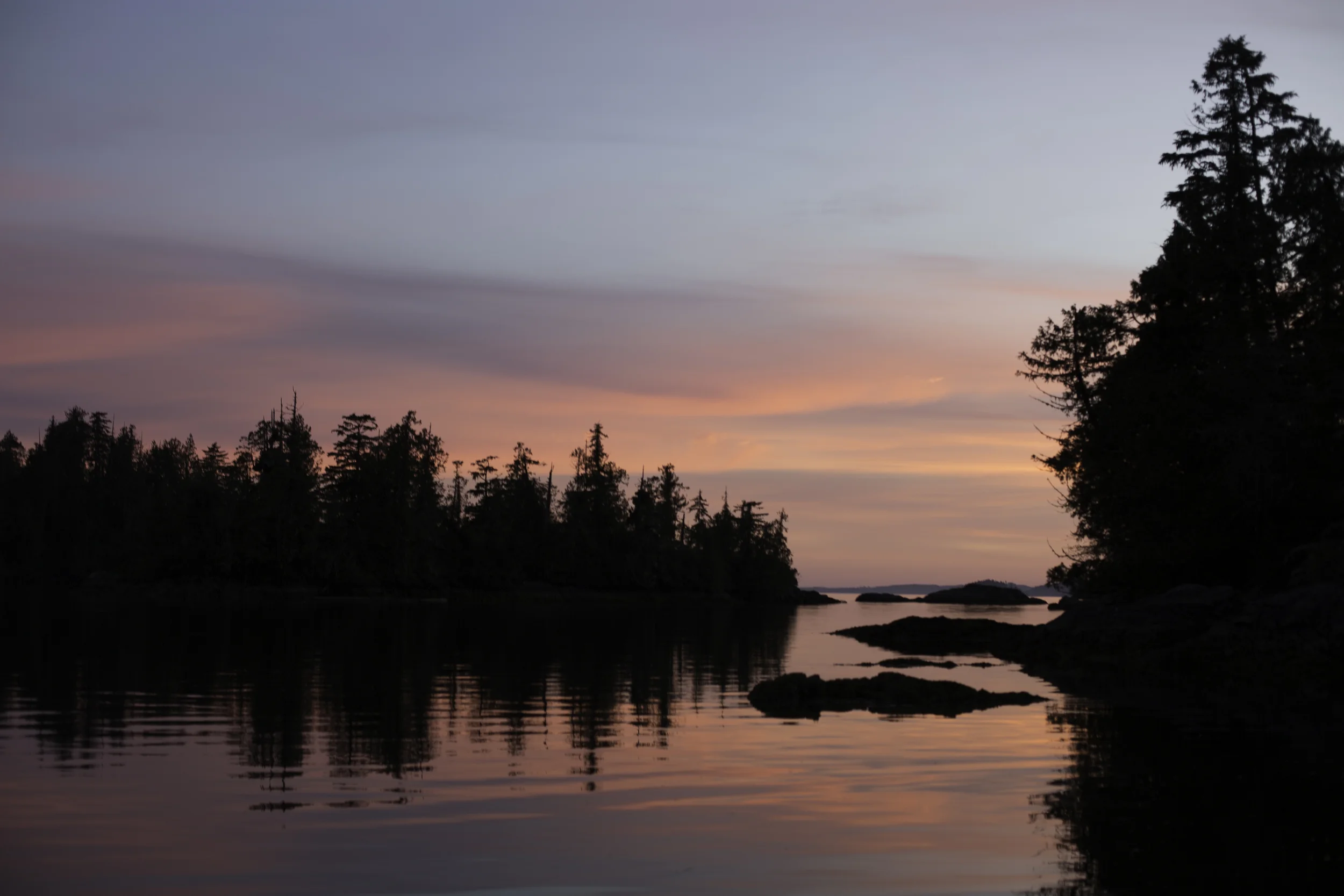 The sun sets in Barkley sound as we cruise back in the zodiac from a sunset reconnaissance mission.