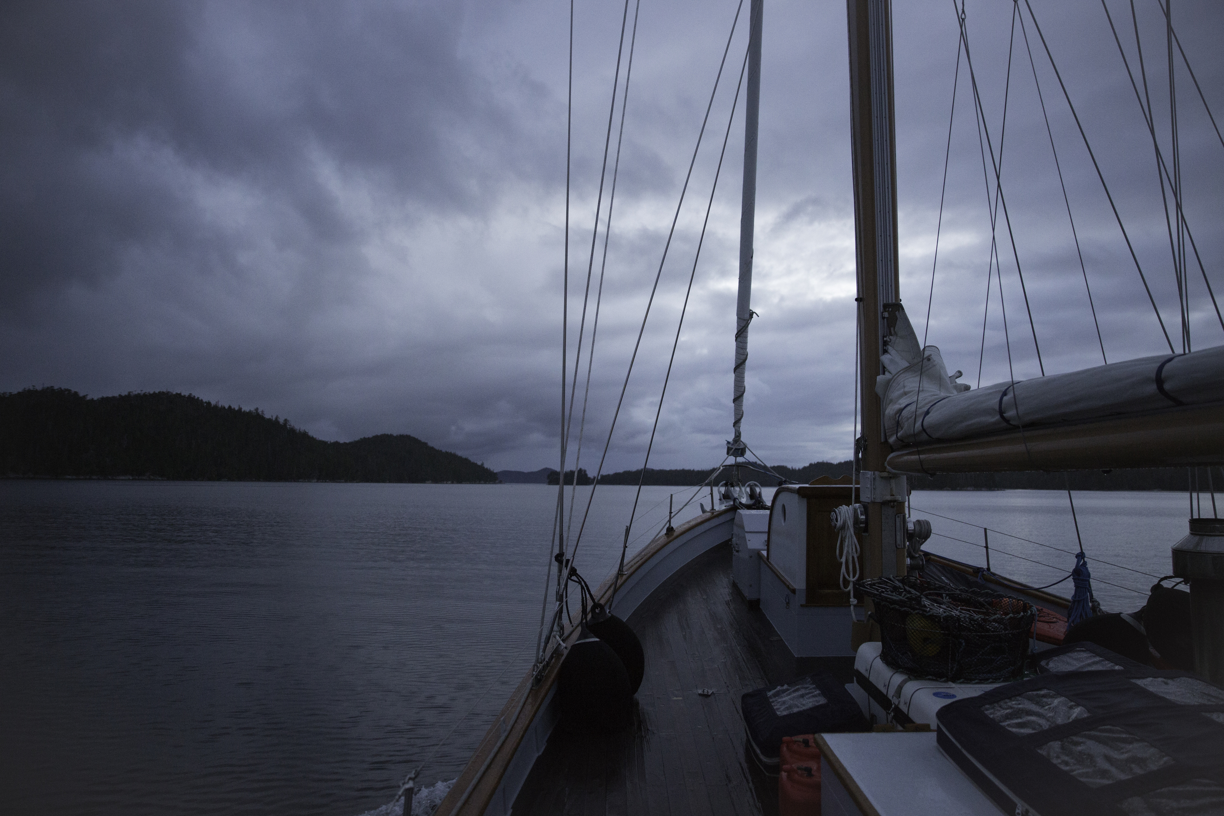 Early morning departure and transit between Calvert Island and Hecate Island south of Bella Bella. Next crossing, Hecate Strait.