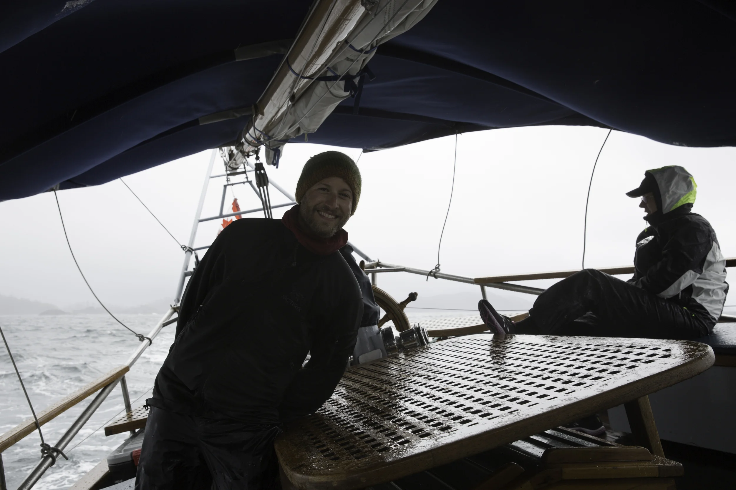 Joel and Barb hanging out on the back deck as a squall rips through.