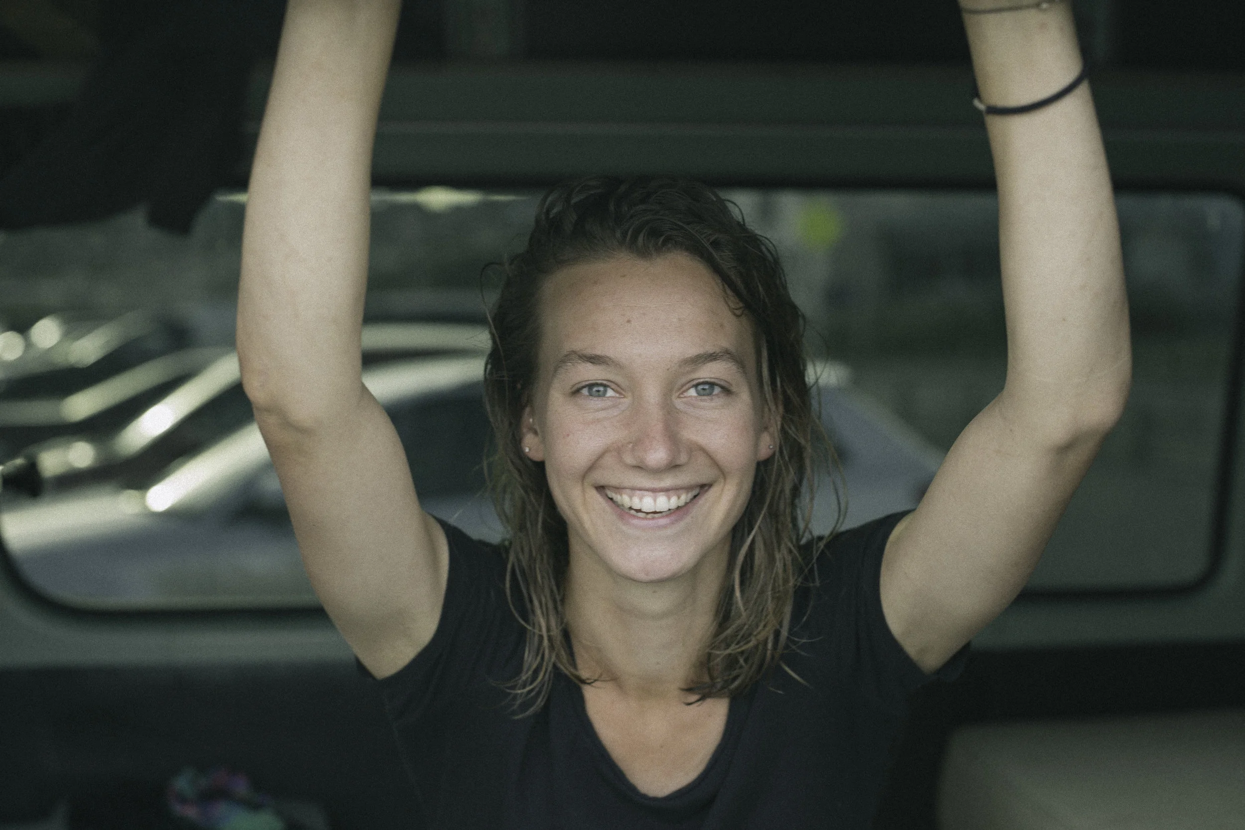 Renée feeling fresh after a swim in Lyall Bay, Wellington. Van life was nice when it was sunny.