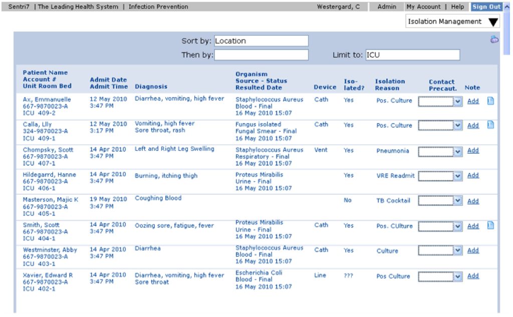Mockup of a Culture Line List to display positive Microbiology results in a specified population. 