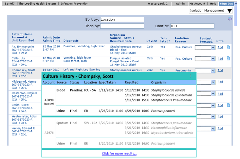 Clicking on a patient pops up a detailed Culture History.