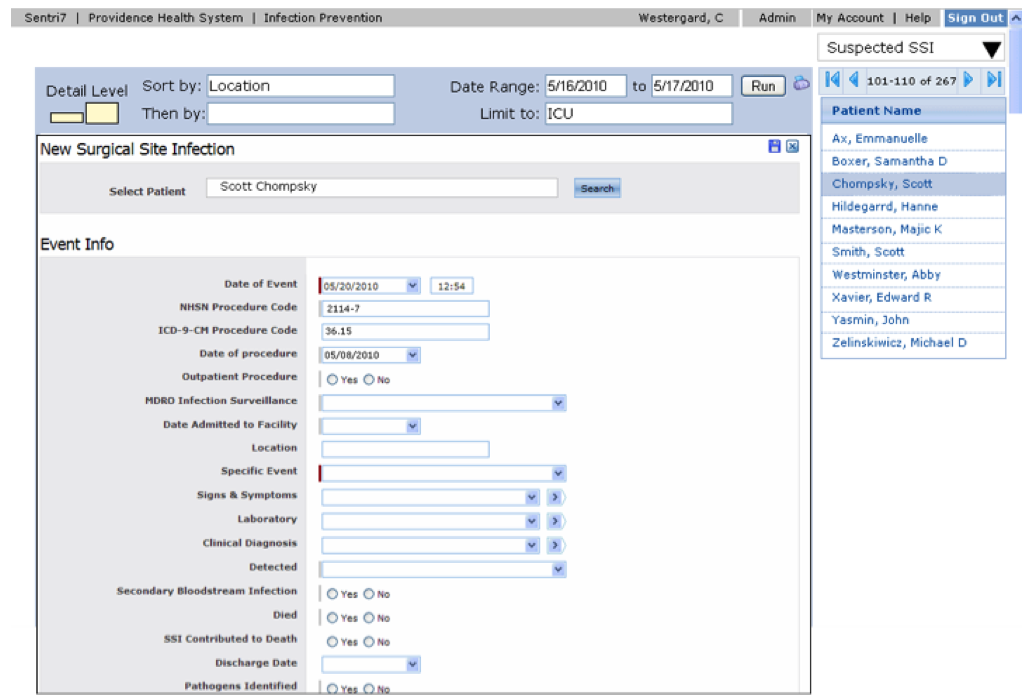 Infection Report to document infection details to report to the CDC. 