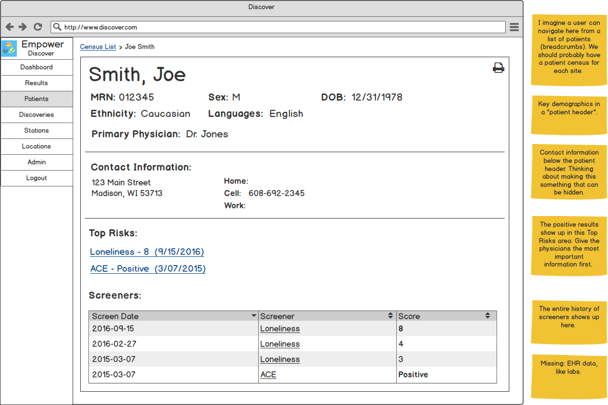 A Patient Profile page focused on just screener information.