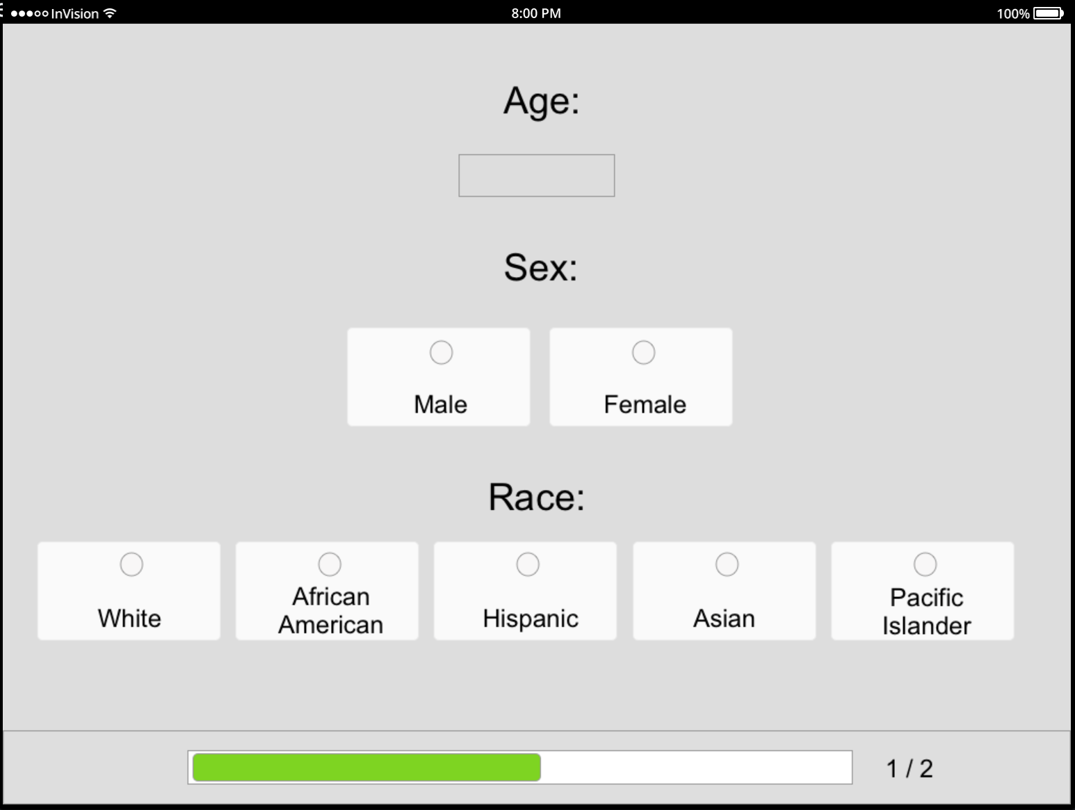 Sketch/InVision screen shot of the Loneliness Screener on an iPad. 