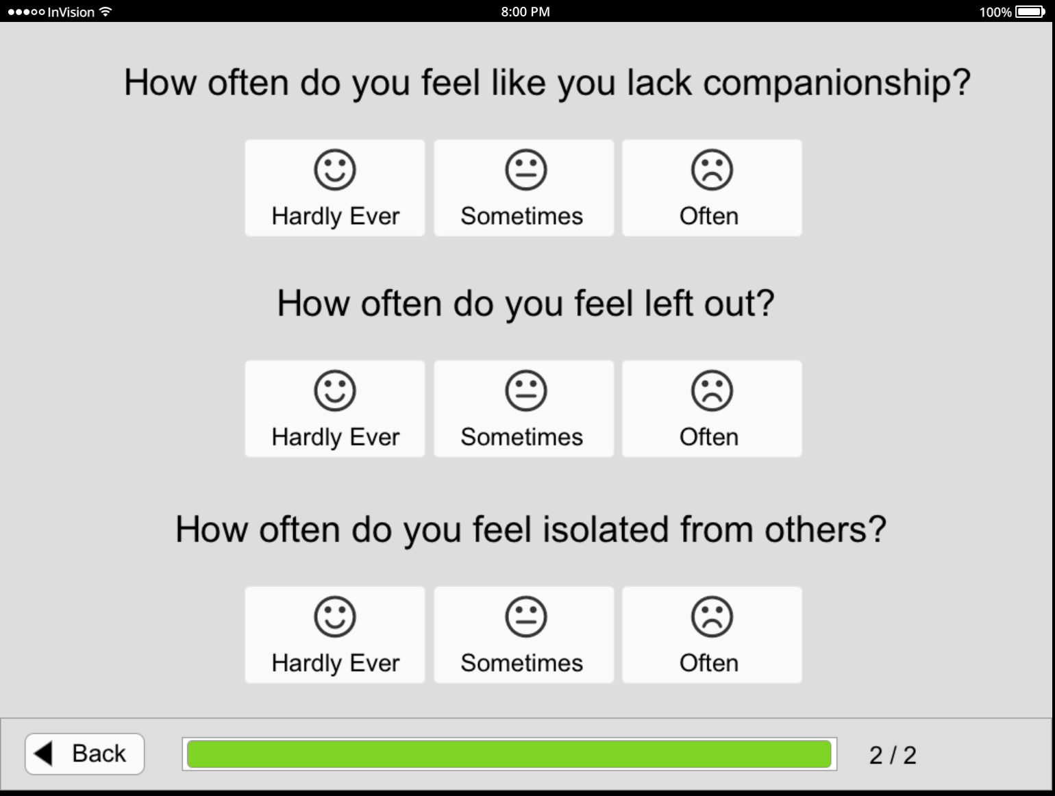 Sketch/InVision screen shot of the Loneliness Screener on an iPad. 