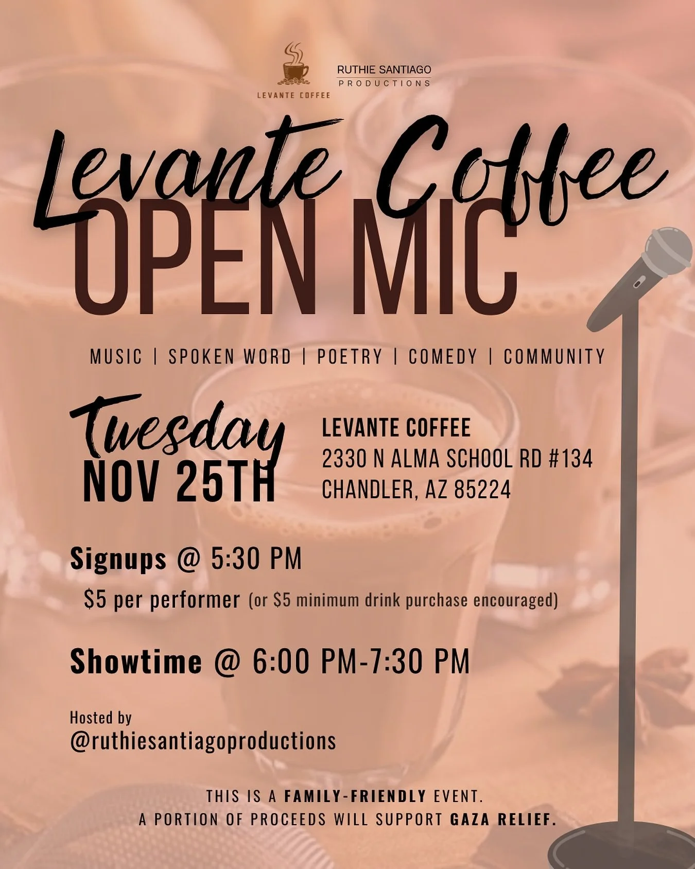 CHANDLER CREATIVES! 🎙️

I&rsquo;m partnering with Levante Coffee (pronounced leh-VAHNT) to host a community open mic for all art forms - music, poetry, comedy, and more!

Performers:
🎶 14 spots available (first come, first served)
🎵 2 songs or 5 m
