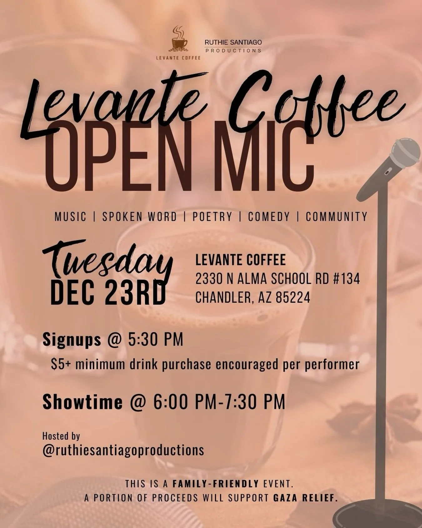 COMMUNITY OPEN MIC | DECEMBER 23 🎙️

Levante Coffee (pronounced leh-VAHNT) and I are partnering to host a community open mic for all art forms - music, poetry, comedy, and more!

Performers:
🎶 12 spots available (see sign-up details below)
🎵 2 son
