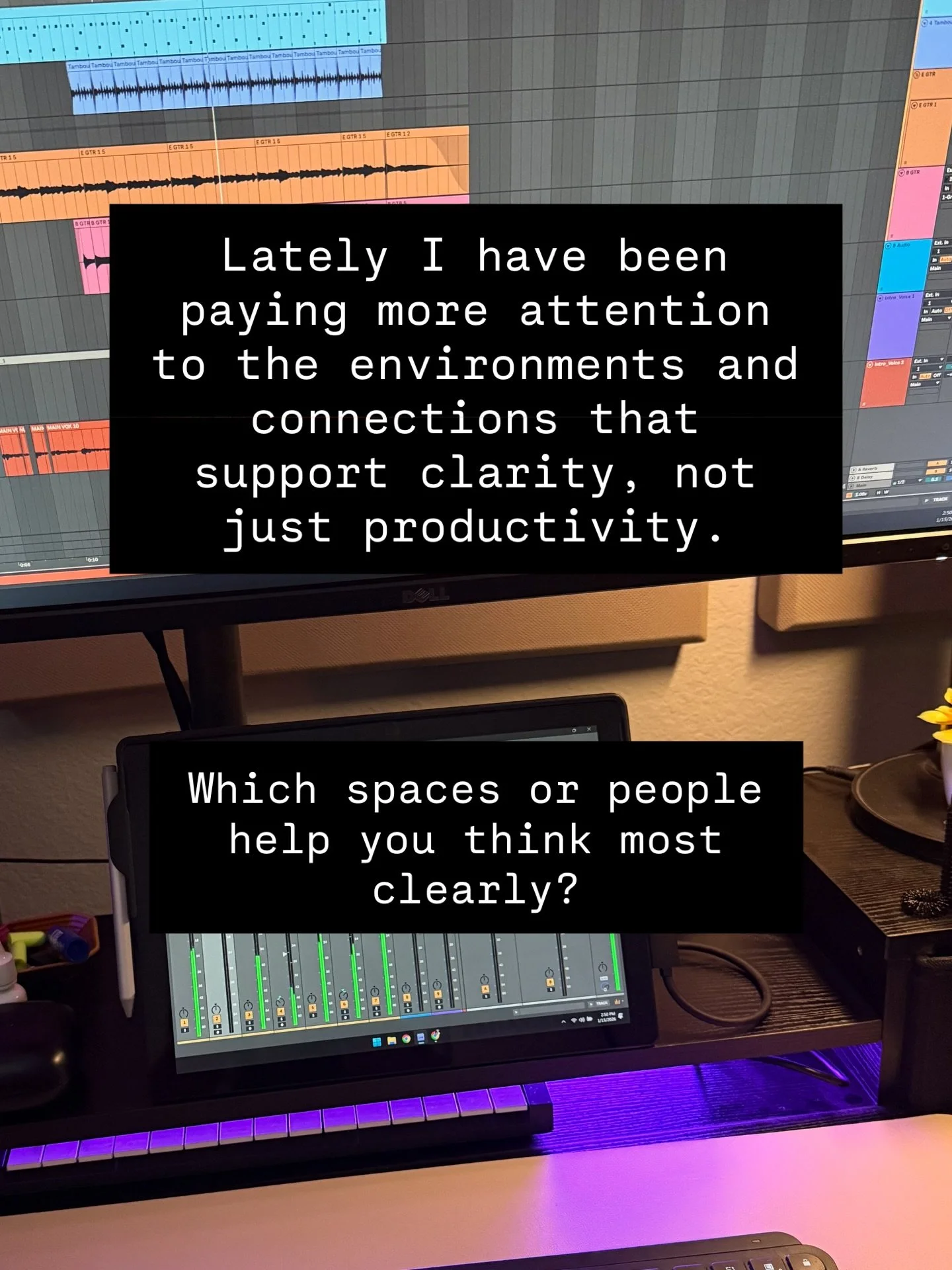 Lately, I have been paying more attention to the environments and connections that support clarity, not just productivity.

Which spaces or people help you think most clearly?

#producer #femmeproducer #arizona