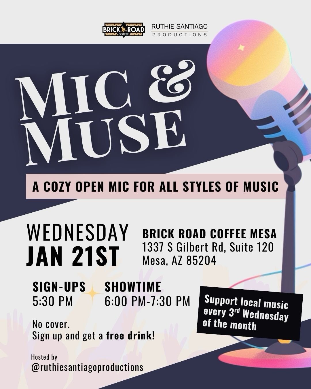 MIC &amp; MUSE (every 3rd Wednesday of the month) is TONIGHT January 21st at @brickroadcommunity ✨ 

Whether you&rsquo;ve never performed in front of an audience or if you are a seasoned musician or artist, come share your songs, stories, and artistr