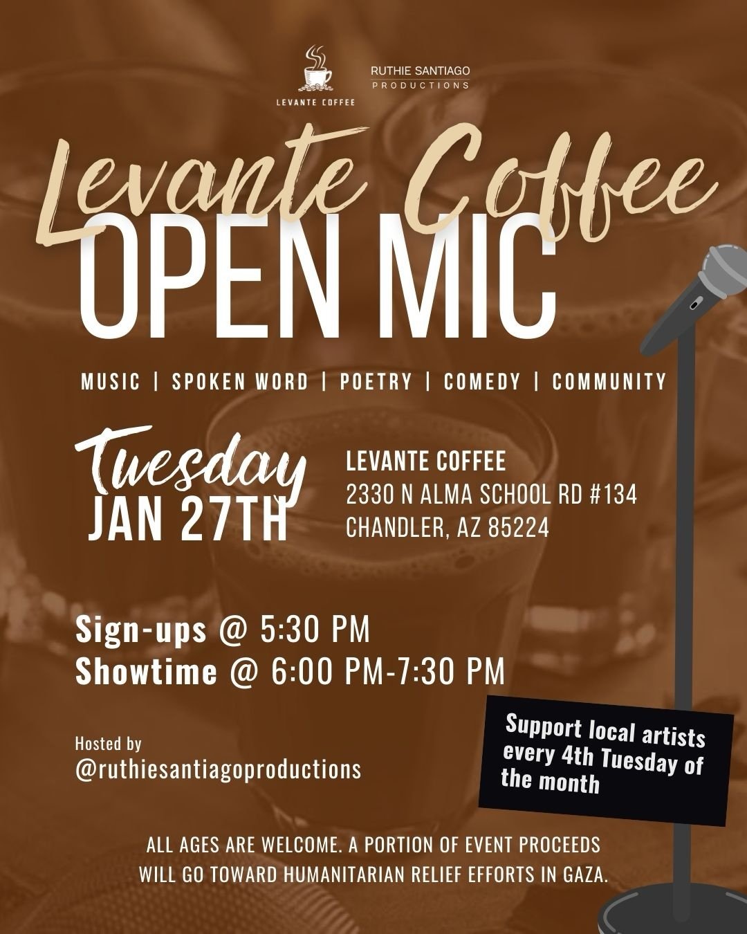 LEVANTE COFFEE OPEN MIC (every 4th Tuesday of the month) is January 27th at @levantecoffeeshop (pronounced leh-VAHNT) 

This open mic is for all art forms - music, poetry, comedy, and more! 

Performers:
- 12 spots available (first come, first served